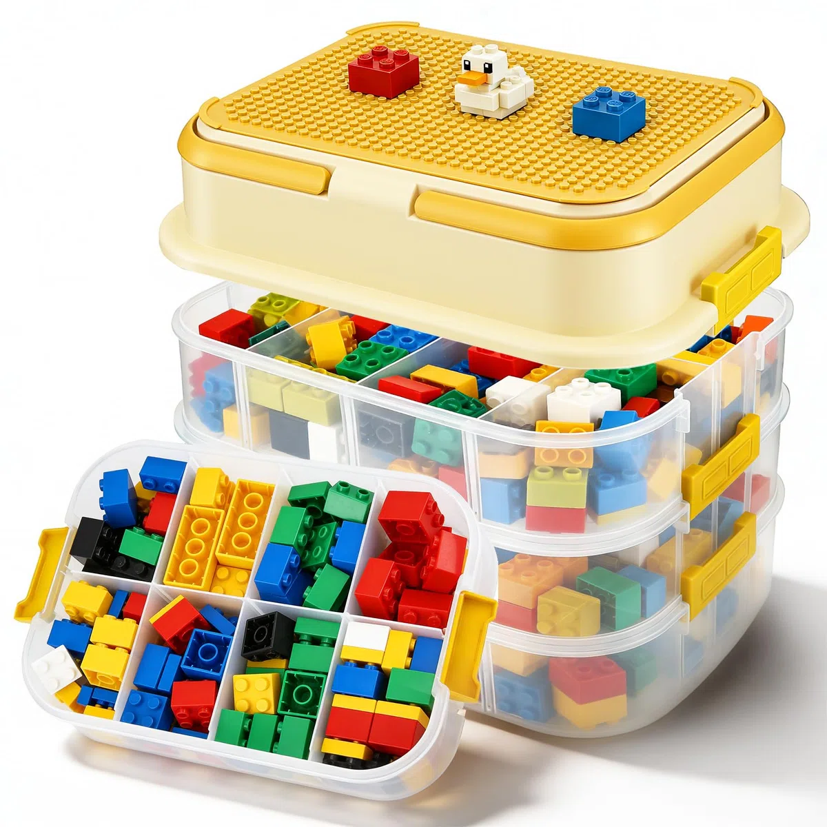Scatola Porta Mattoncini 4 Cassetti con Coperchio, 33x25x26 cm, Contenitore Trasparente per Organizzare Mattoncini e Puzzle, con Maniglia e Vassoio Estraibile (5L, Giallo)