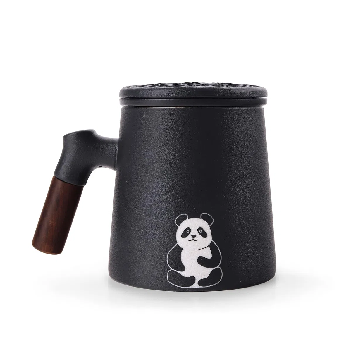 fanquare Tazze da Tè in Ceramica con Manico in Legno Tazza da Tè Nera Grande con Infusore e Coperchio Tazza per la Macerazione del Tè per Casa Ufficio 340ML