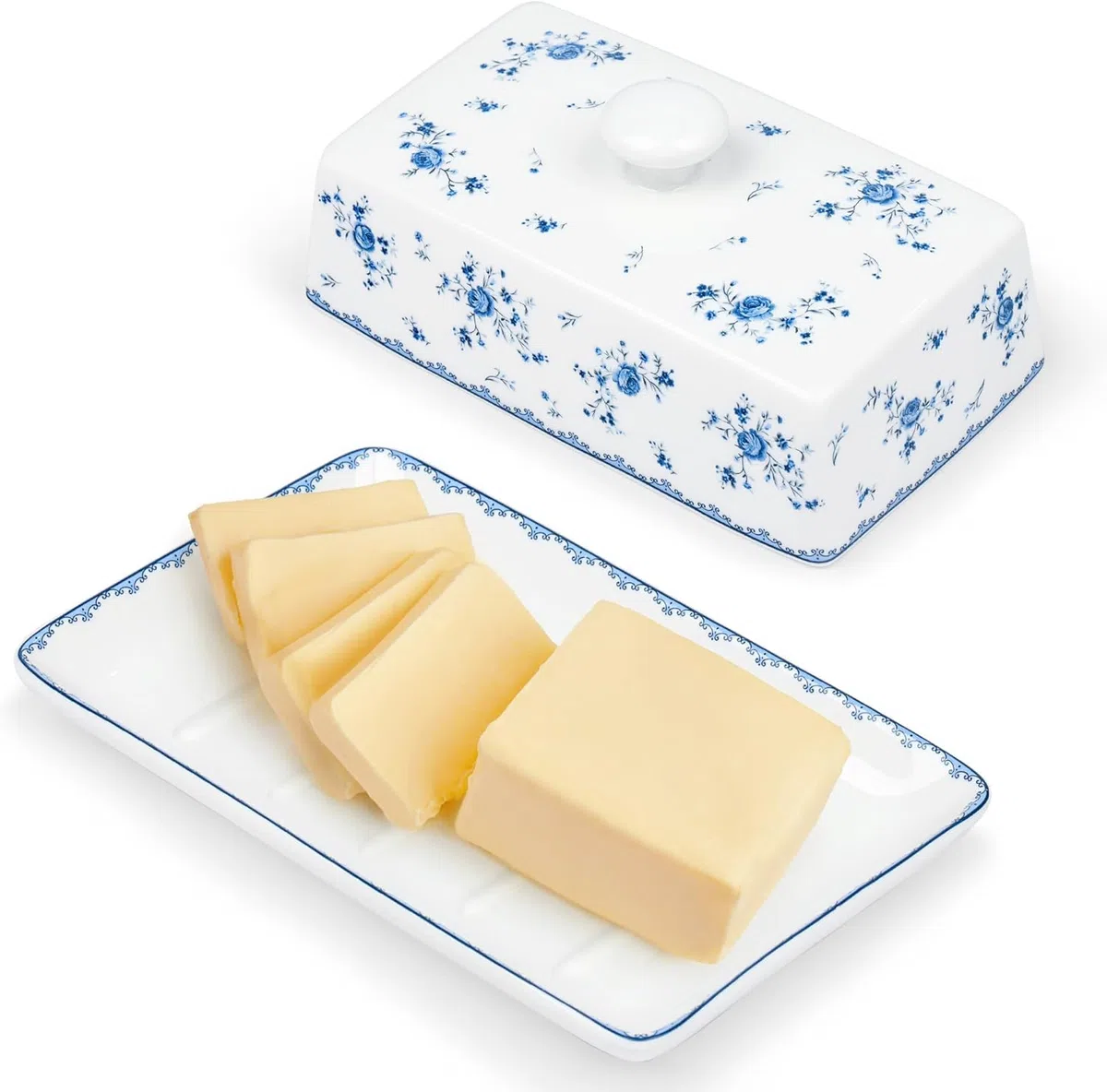 Fanquare Burriera in Ceramica a Fiori Blu con Coperchio e Manico per 250 g di Burro, Grande Burriera in Porcellana, Alta Qualità