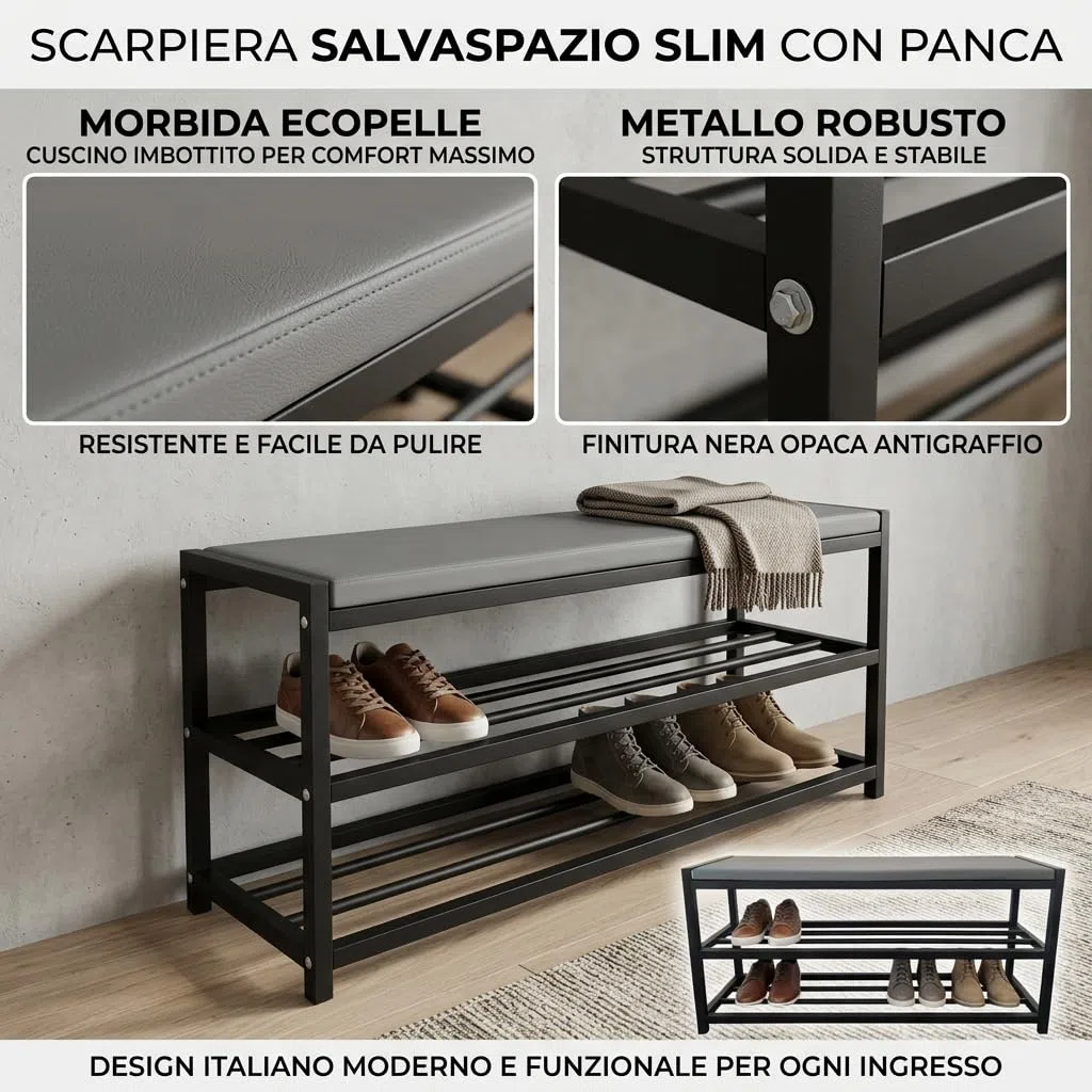 MAKA Scarpiera Salvaspazio Slim, in Metallo Nera, Scarpiera Ingresso, Organizer Scarpe Diverse Misure, Scaffali Portascarpe, Panca con Seduta (90 cm + panca)