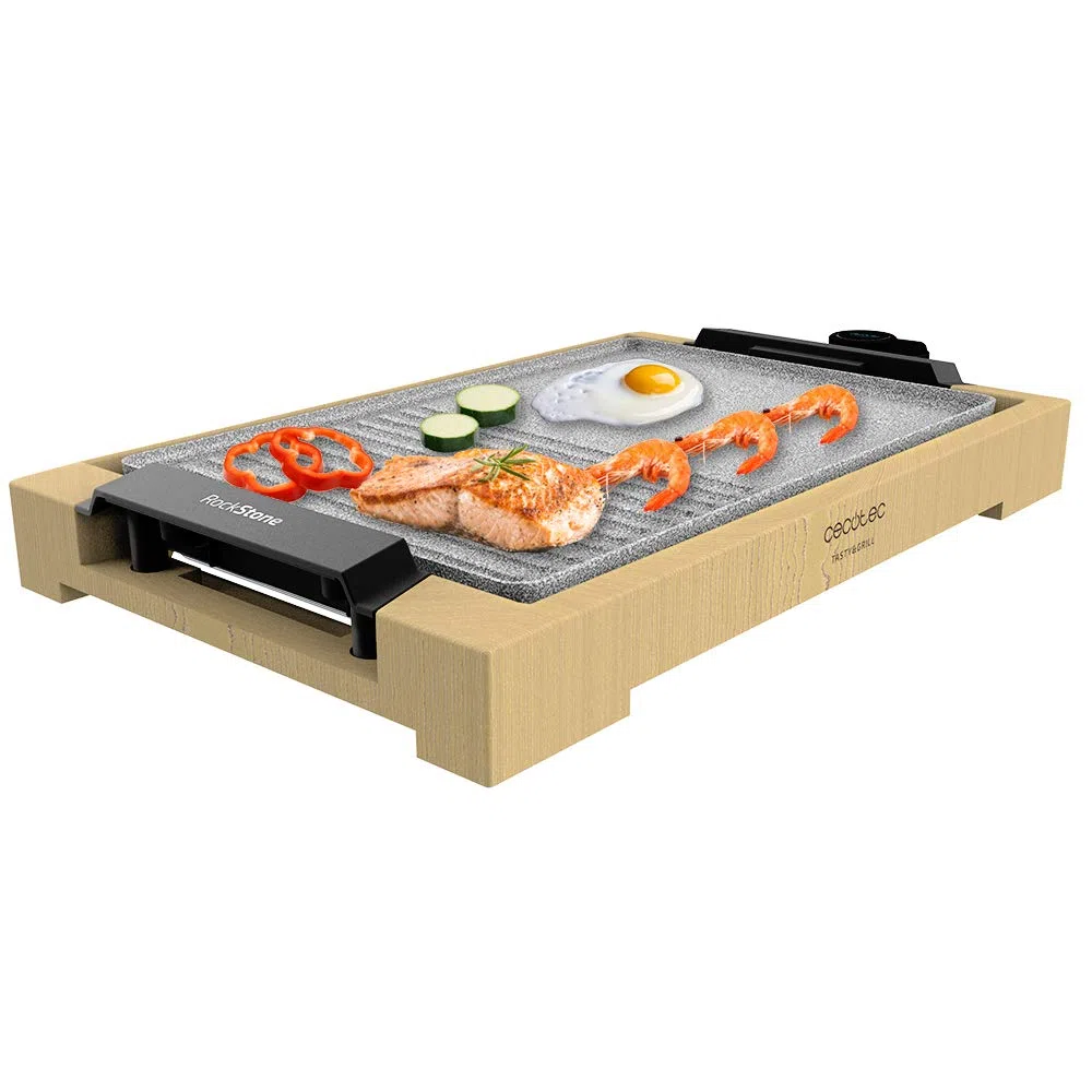 Cecotec Piastra-grill elettrica Tasty&Grill 2000 Bamboo MixStone. 2000 W, con struttura bambù, termostato regolabile e piastra antiaderente, rivestimento RockStone