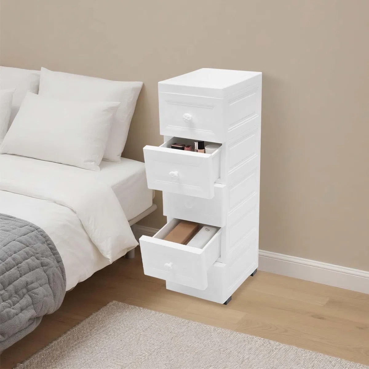 Cassettiera a 5 cassetti, bianco, carrello da cucina e carrello da bagno con ruote, carrello da cucina, scaffale da bagno, altezza 82 cm, grande capacità per soggiorno, camera da letto e ufficio