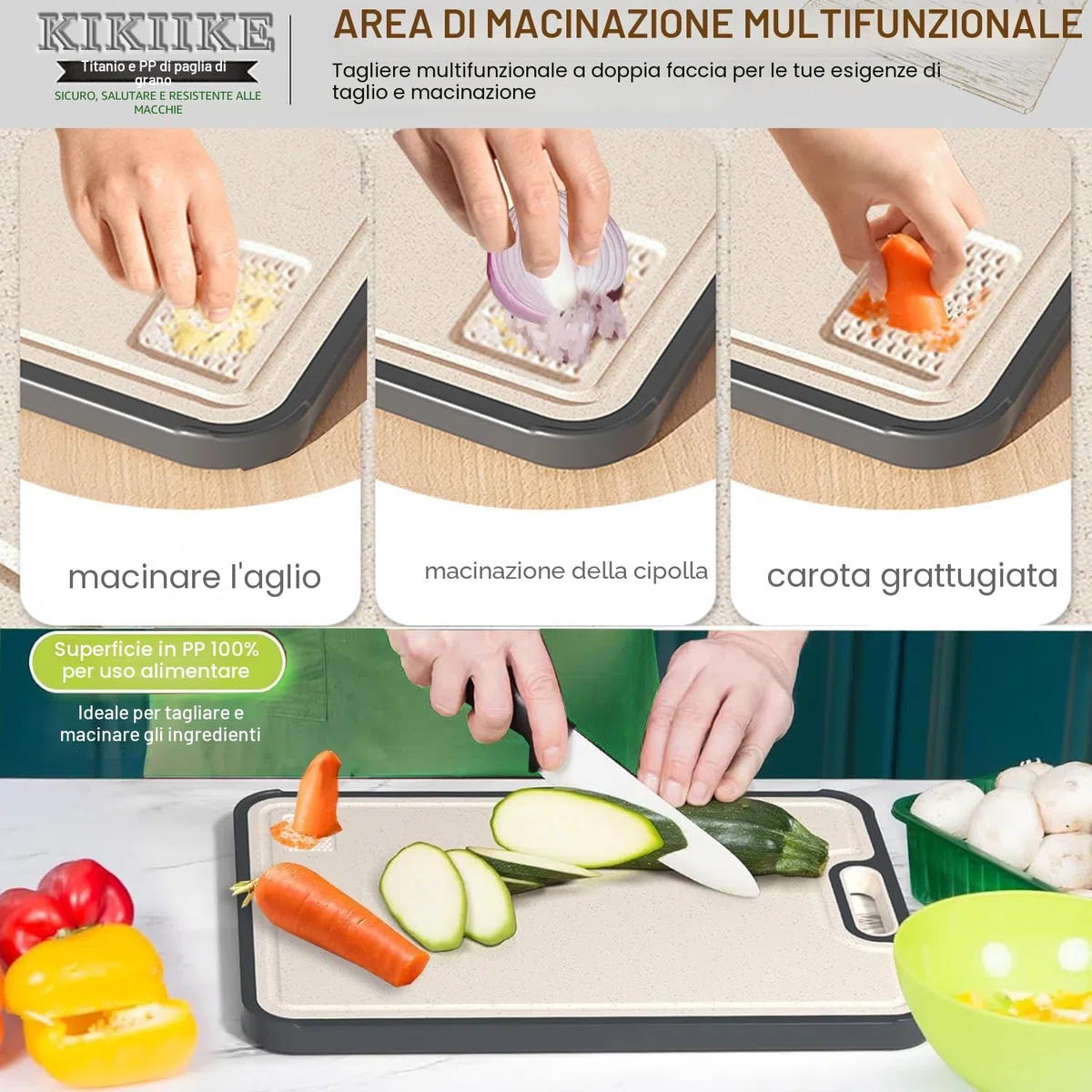 Tagliere in titanio double-face in titanio per cucina, in puro titanio e paglia di grano, antiscivolo, resistente e facile da pulire (grande)