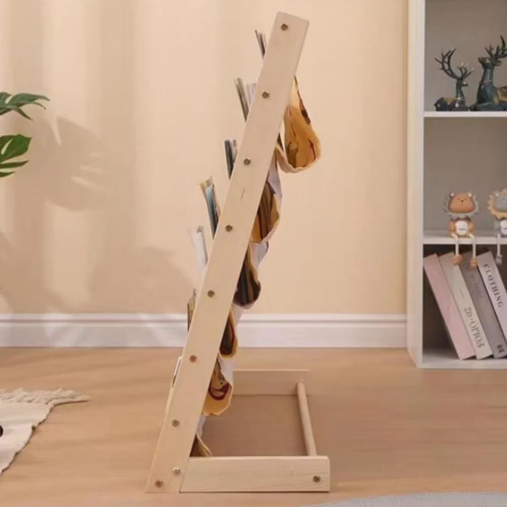 BAKAJI Libreria Montessoriana per Bambini in Legno Naturale e Tela,Portariviste a 6 Ripiani Salvaspazio,Scaffalatura Espositore da Cameretta,Dimensioni 60 x 30 x 80 cm, Porta Libri, Giochi (Legno)