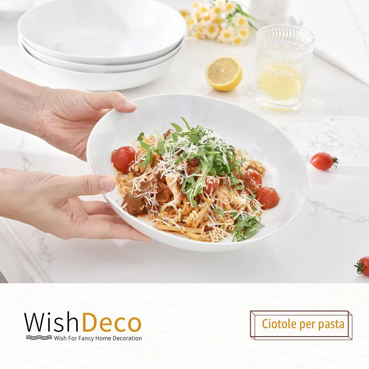 WishDeco Set di 4 Grandi Ciotole per Pasta, Insalatiera Porcellana 1100 ml, Piatti Fondi Bianche, Ciotola da Portata per Spaghetti, Ramen, Colazione, Zuppa