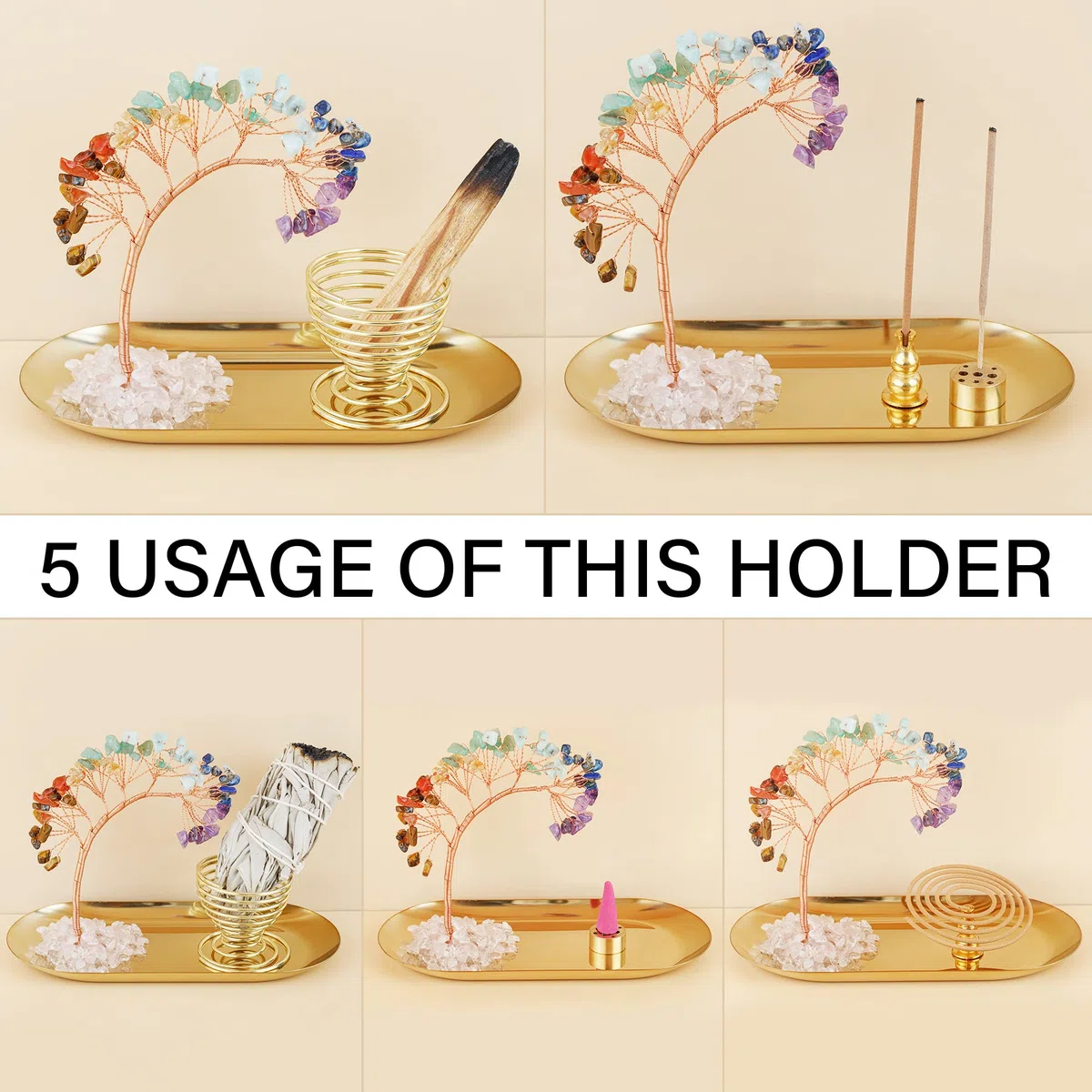 ZenBless 7 Chakra Healing Crystal Tree Incense Holder Palo Santo Holder Sage Burner Brass Ash Catcher for Incense Sticks/Coil Incense/Incense Cones Yoga Meditation Zen Spiritual Room Home Decoration