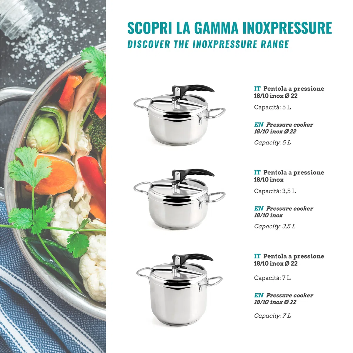 Pentola a Pressione, Acciaio Inox, Capienza 5 L, Triplo Fonto Adatto a Tutti i Piani di Cottura compreso l'Induzione, Cucina Rapida e Risparmio d'Energia, Lavabile in Lavastoviglie