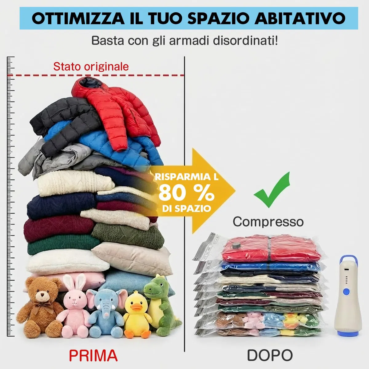 Sacchetti Sottovuoto Vestiti, Set 18 pz (16+2 Omaggio) con Pompa Wireless 4500Pa, (6 x 40 x 50 cm, 6 x 40 x 60 cm, 4 x 60 x 50 cm, +2 x30x40cm) Salvaspazio Riutilizzabili per Viaggio & Armadio