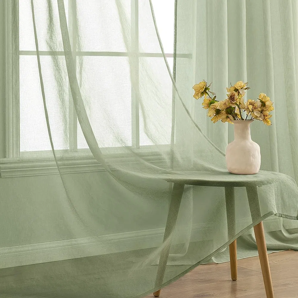 EMEMA Sheer - Set di 2 tende in voile, con fettuccia arricciata, trasparenti, in voile, poliestere, trasparente, per soggiorno, camera da letto, 140 x 260 cm (larghezza x altezza), colore verde salvia