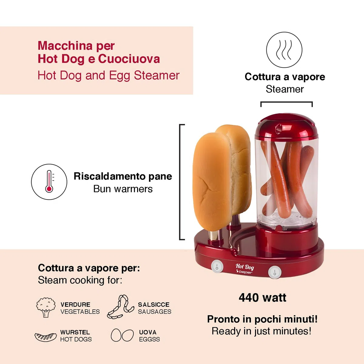 BEPER P101CUD502 Macchina per Hot Dog e Cuociuova 3in1, Cuocitore a Vapore per Wurstel e Uova, Scaldapane con 2 Aste in Acciaio Inox, 440W, Doppio Interruttore