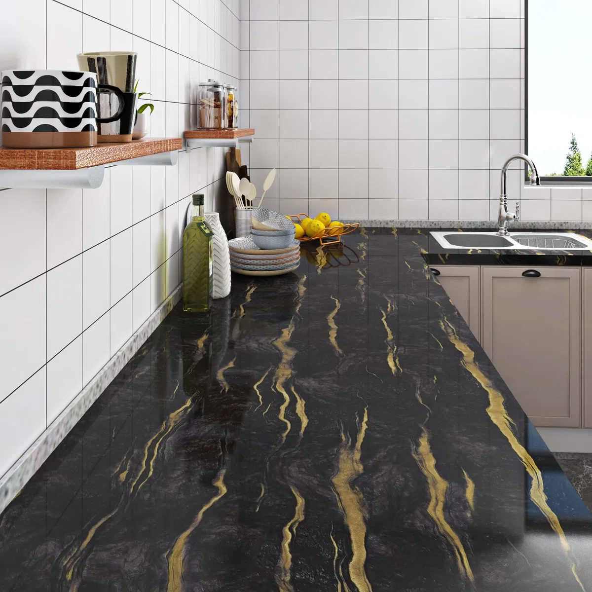 Livelynine Carta Adesiva per Mobili Cucina Lavabile Marmo Nero Oro 60CMx5M Carta da Parati Adesiva Muro Effetto Marmo Scuro Bagno Rivestimento Adesivo per Mobili Cucina Top Tavolo Cassetti Armadio