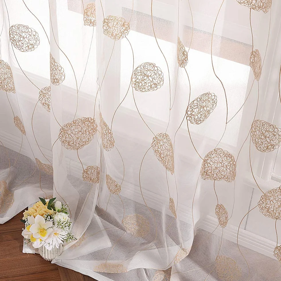 MIULEE Tenda per Camera da Letto, Tende Voile con Oro Ricamata Motivo, Tende Bianche Trasparenti con Occhielli, Tenda Finestra Interni per Casa Soggiorno e Salotto 2 Pezzi,2xL 140 x A 245 cm