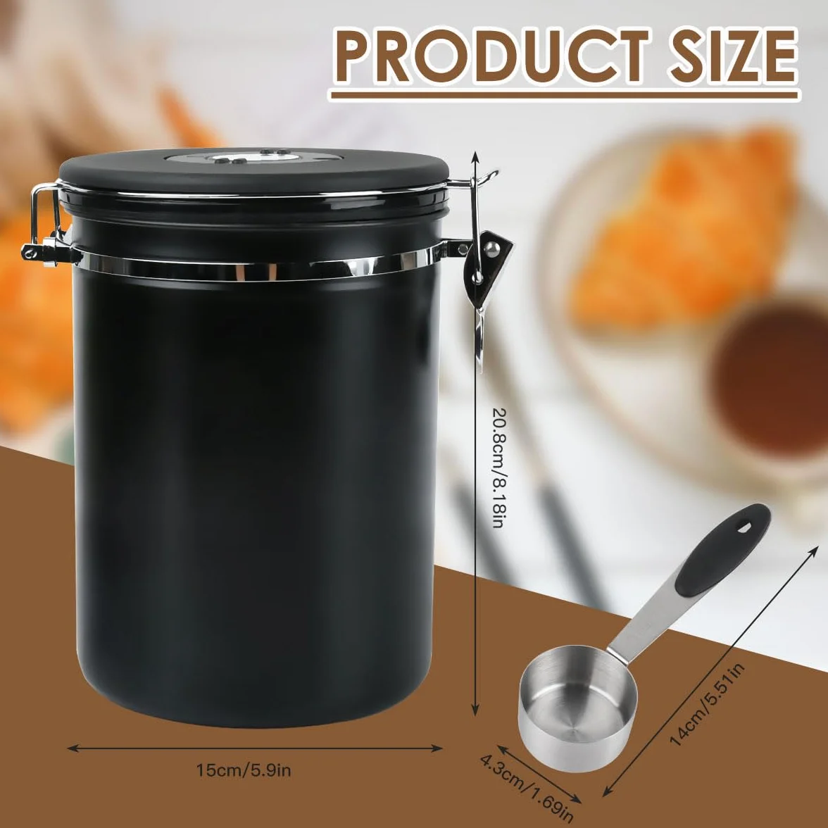 Inossidabile 304 Contenitore per Caffè, Barattolo Caffè Ermetico con Cucchiaio, Contenitore per Chicchi di Caffè, Barattolo Caffe Ermetico 2,8L, Chicchi di Caffè, Tè e Noci - Nero
