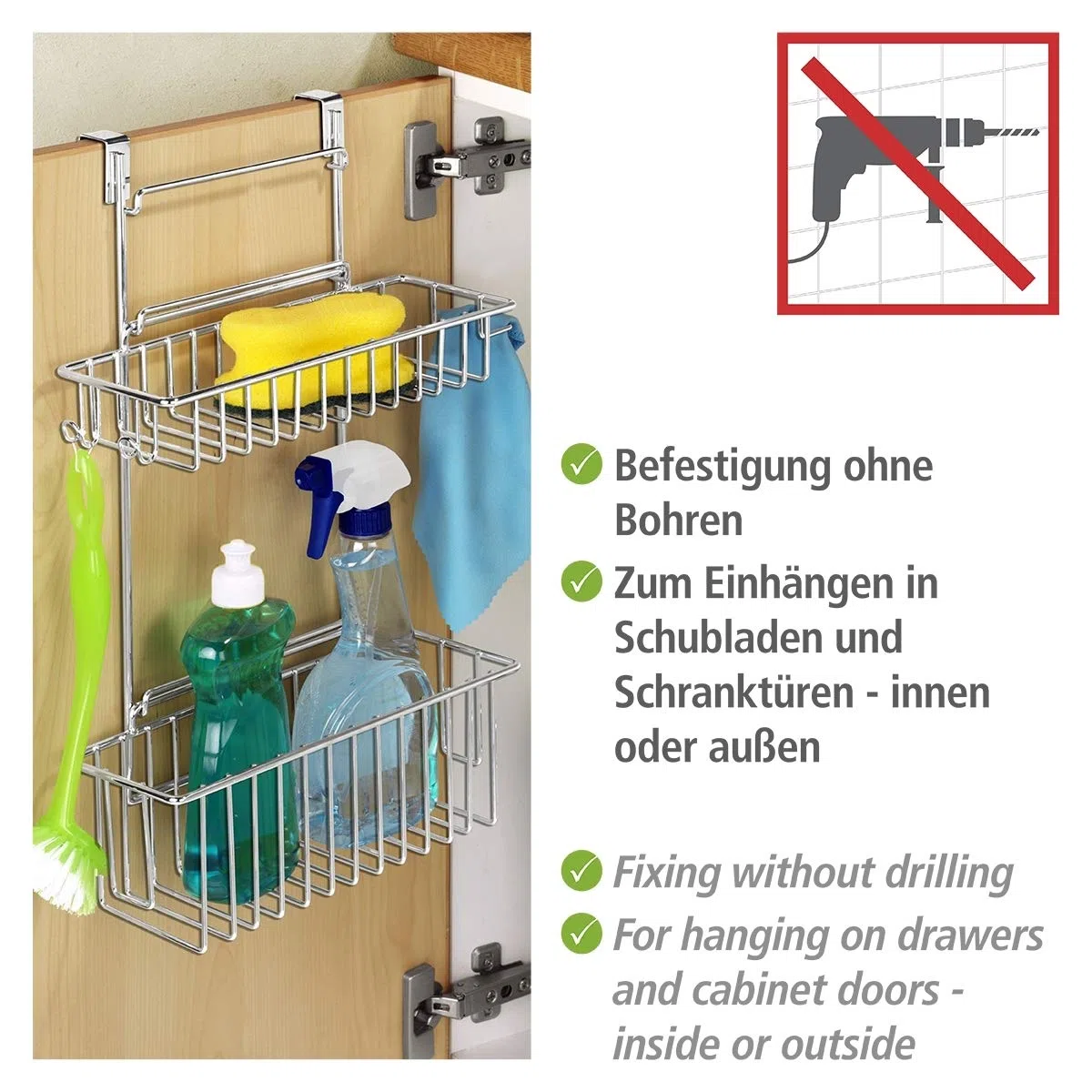 WENKO Cesto pensile Flexi, organizer a 2 livelli da appendere a cassetti e ante di armadi, adatto per bagni e cucine, montaggio senza forare, in metallo cromato, 32 x 47 x 12.5 cm