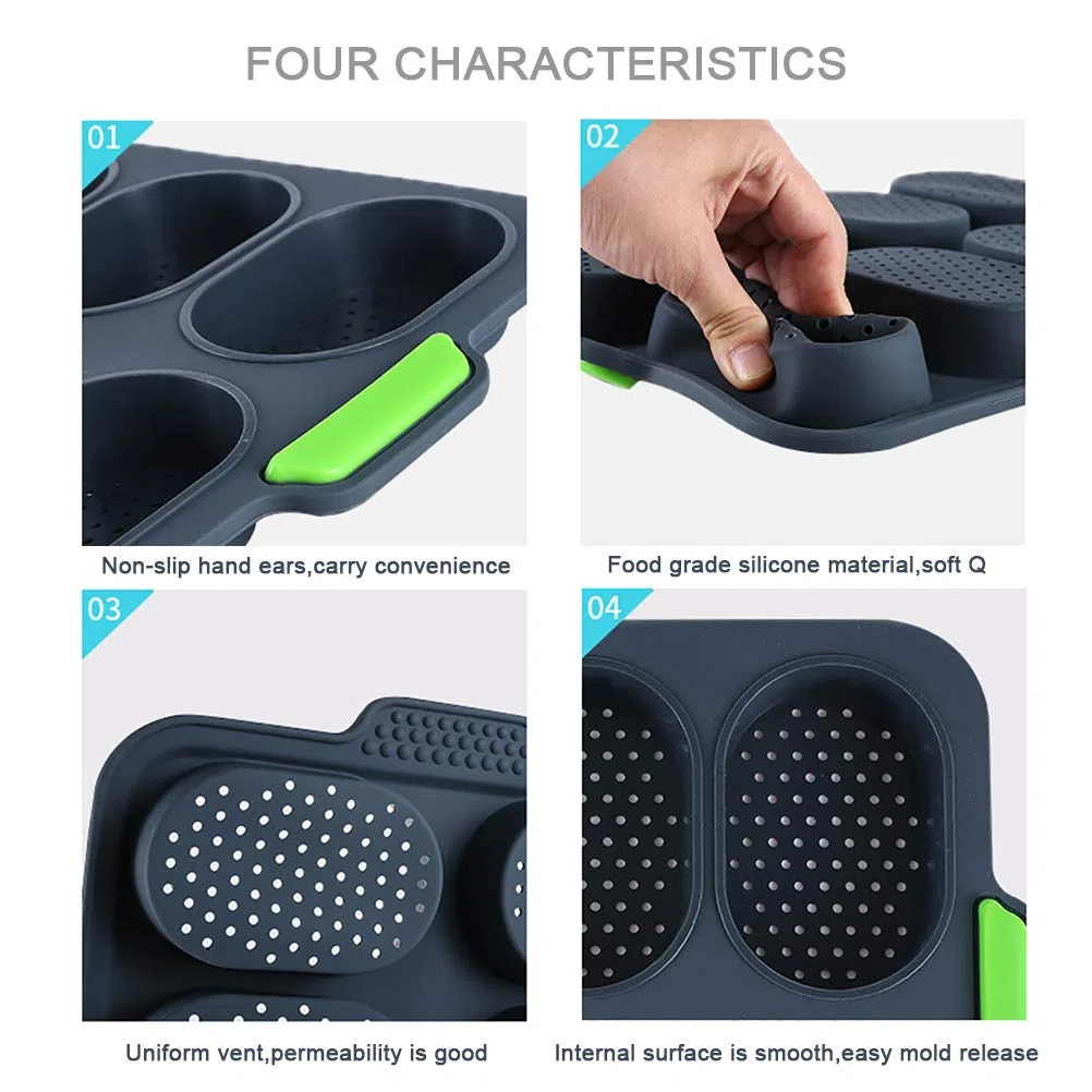 Mini Pan, Silicone Antiaderente Perforato Pane Francese Stampo Croccante Per Pane Pane Per Hot Dog (Grigio scuro)