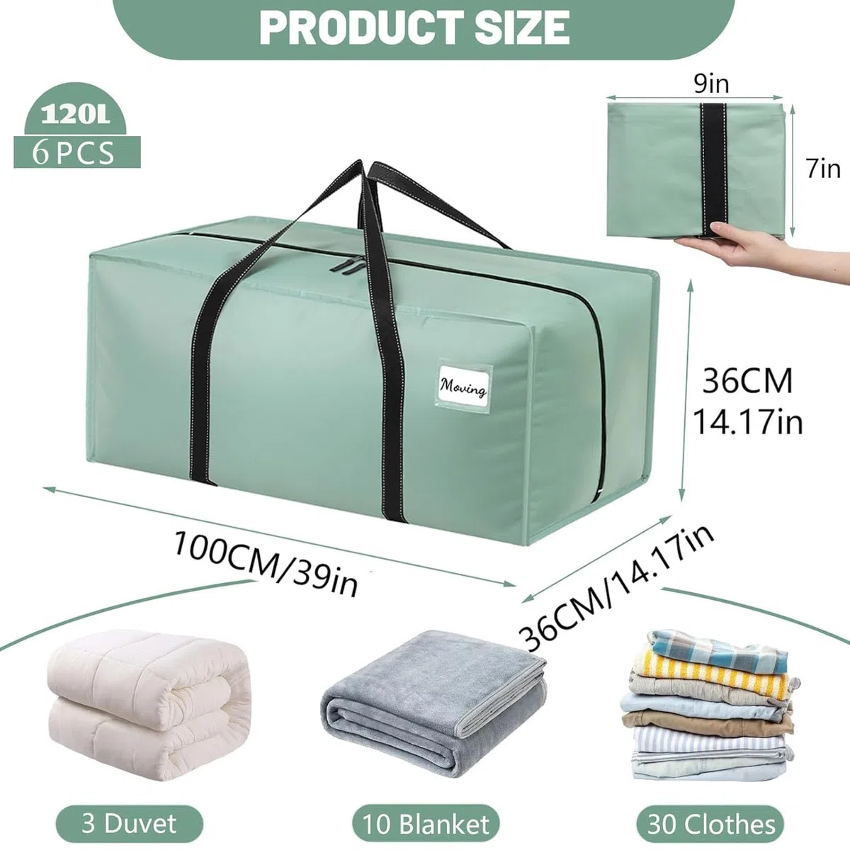 Dntorx 6 sacchetti da 120 l, resistenti per trasloco, impermeabili, grandi con manico con chiusura lampo, pieghevole, per trasloco, campeggio, vestiti, colore verde chiaro