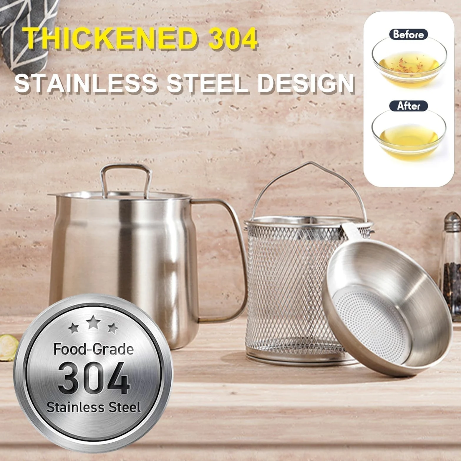 Pentola filtro olio in acciaio inox 304, con cestello e filtro schermo, friggitrice grande capacità da 2 l, per conservare grasso da frittura e cucinare