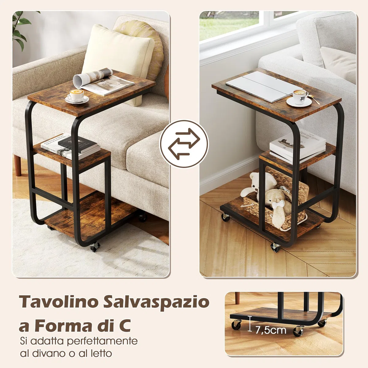 COSTWAY Tavolino Laterale a Forma di C, Tavolino da Salotto con Ruote Bloccabili, Ripiani Aperti e Struttura in Metallo, Tavolino Salvaspazio per Camera da Letto e Soggiorno (1)
