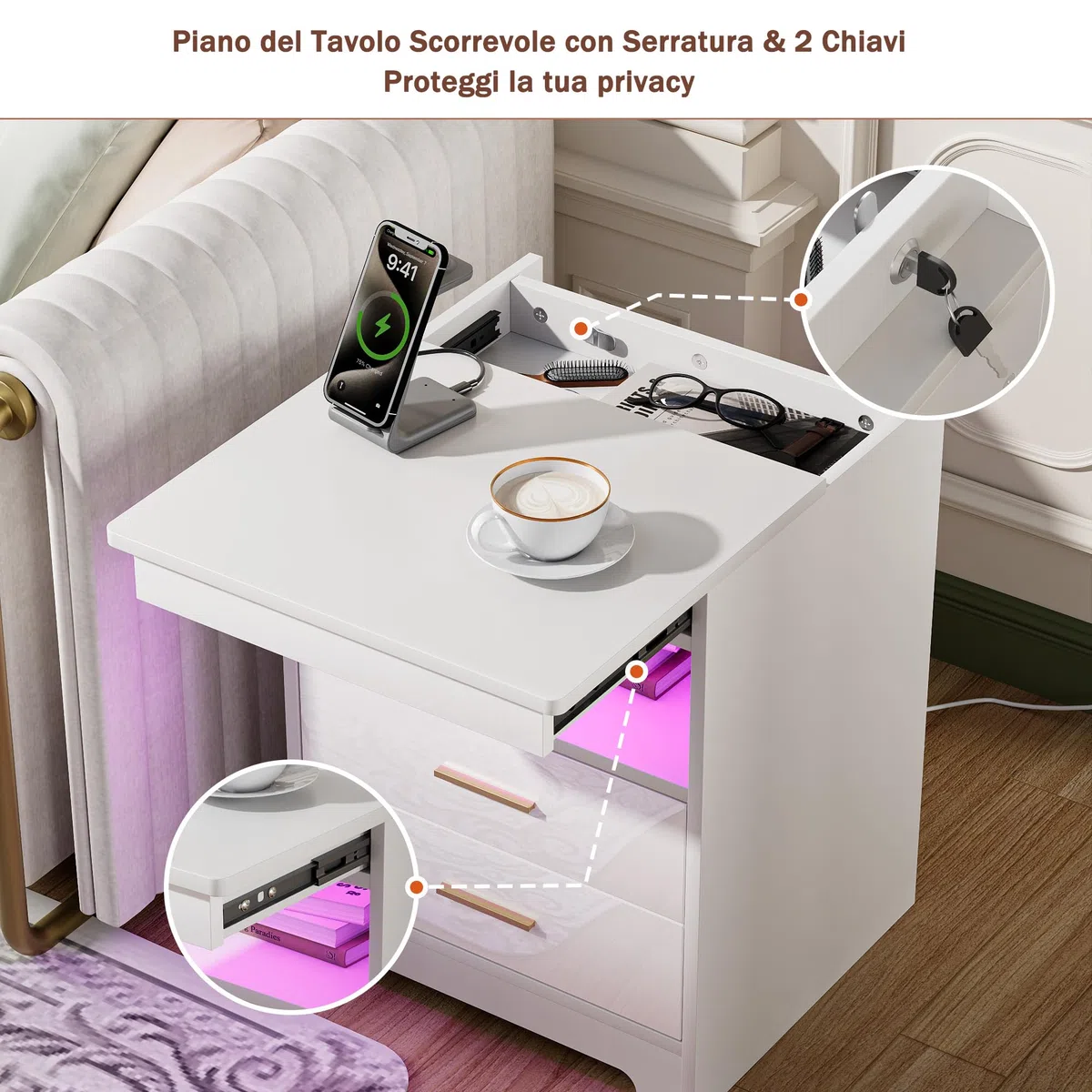 Comodini Camera da Letto con 2 Prese AC/2 Porte USB E 1 Luce LED RGB, Comodino con 2 Cassetti E 1 Ripiano Estraibile E 1 Divisorio Aperto,Salvaspazio per Camera da Letto E Studio (45x40x58cm, Bianco)