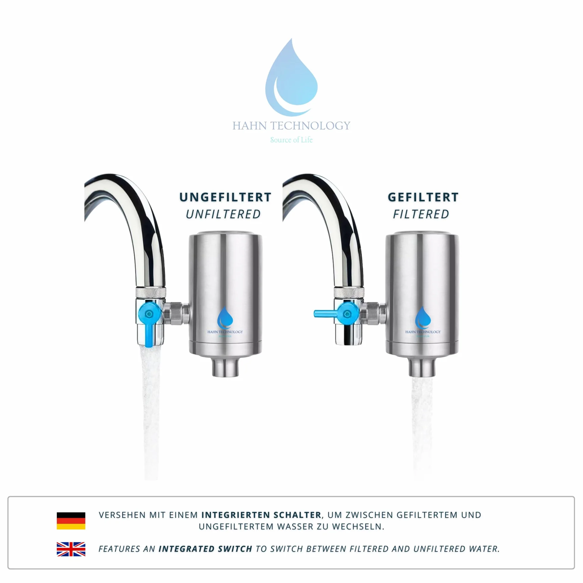 Filtro acqua per rubinetto – Cassa in acciaio inox con cartuccia filtro a carbone attivo Plus | Per acqua potabile pulita | Rimuove cloro, microplastica e sostanze nocive