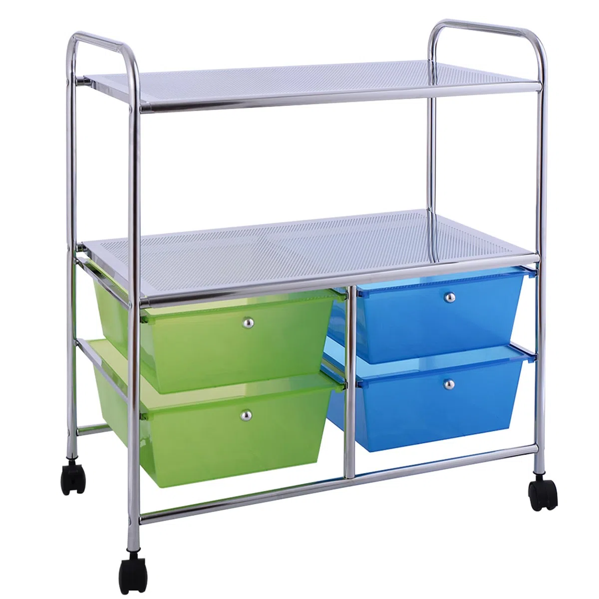 COSTWAY Carrello con 4 Cassetti e 2 Ripiani, Carrello Portaoggetti con Ruote per Cucina Bagno Ufficio, Multiuso, 58,5x37x75 cm (Blu+Verde)