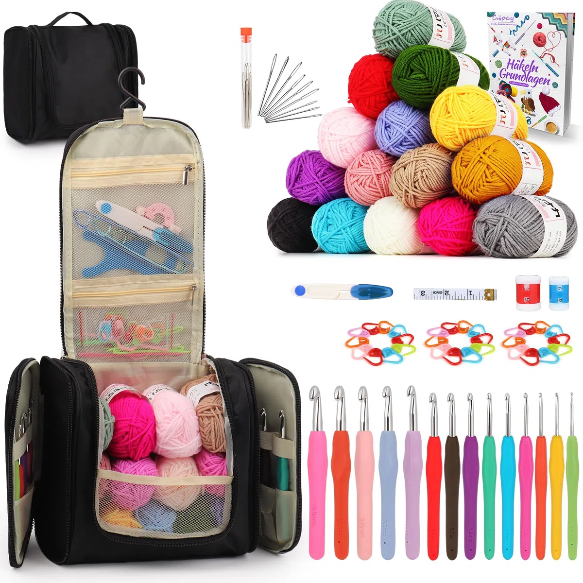 Coopay Set all'uncinetto per principianti, set completo con 15 lana, uncinetti ergonomici, borsa portatile e accessori all'uncinetto, uncinetto da 2,0 a 10 mm con impugnatura in gomma TPR, set regalo