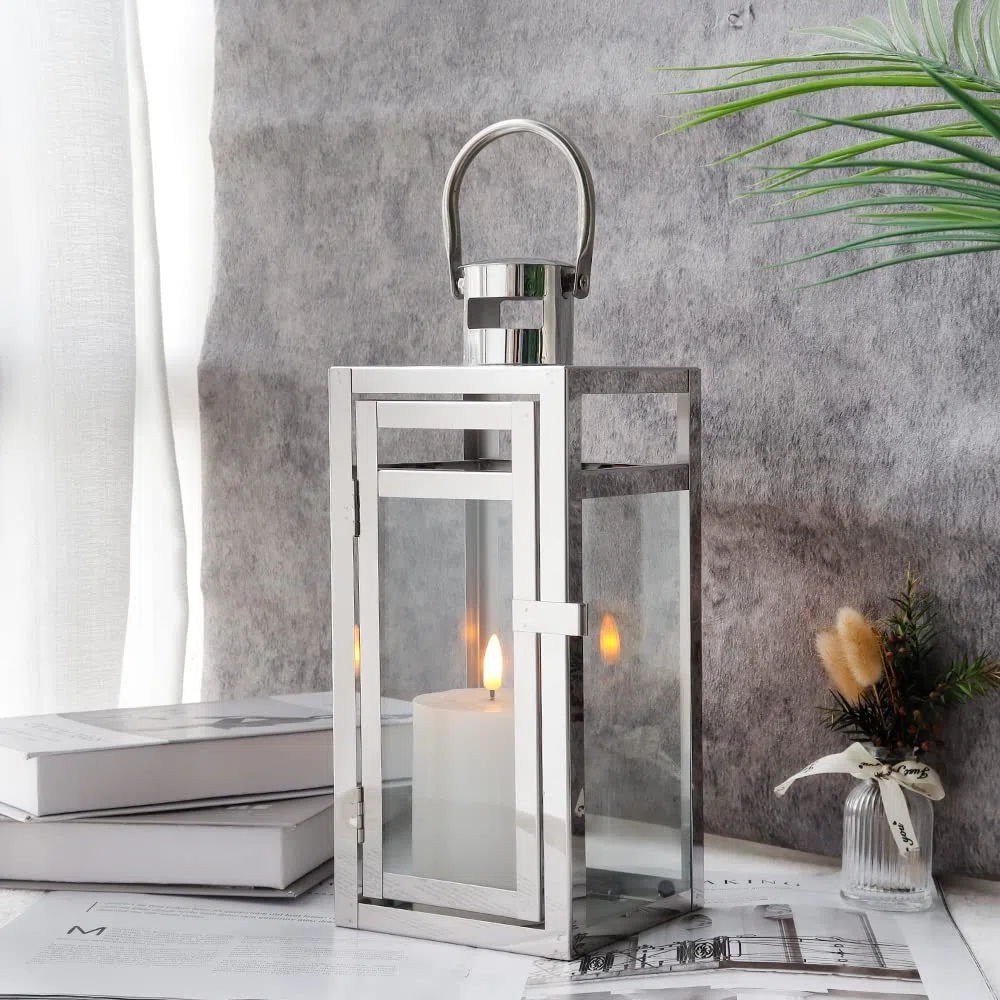 TRIROCKS Lanterna Decorativa in Acciaio Inossidabile 30 cm Alta, Portacandela a Sospensione con Pannelli di Vetro Trasparente, Perfetta per Decorazioni Casa, Soggiorno, Eventi (Argento)