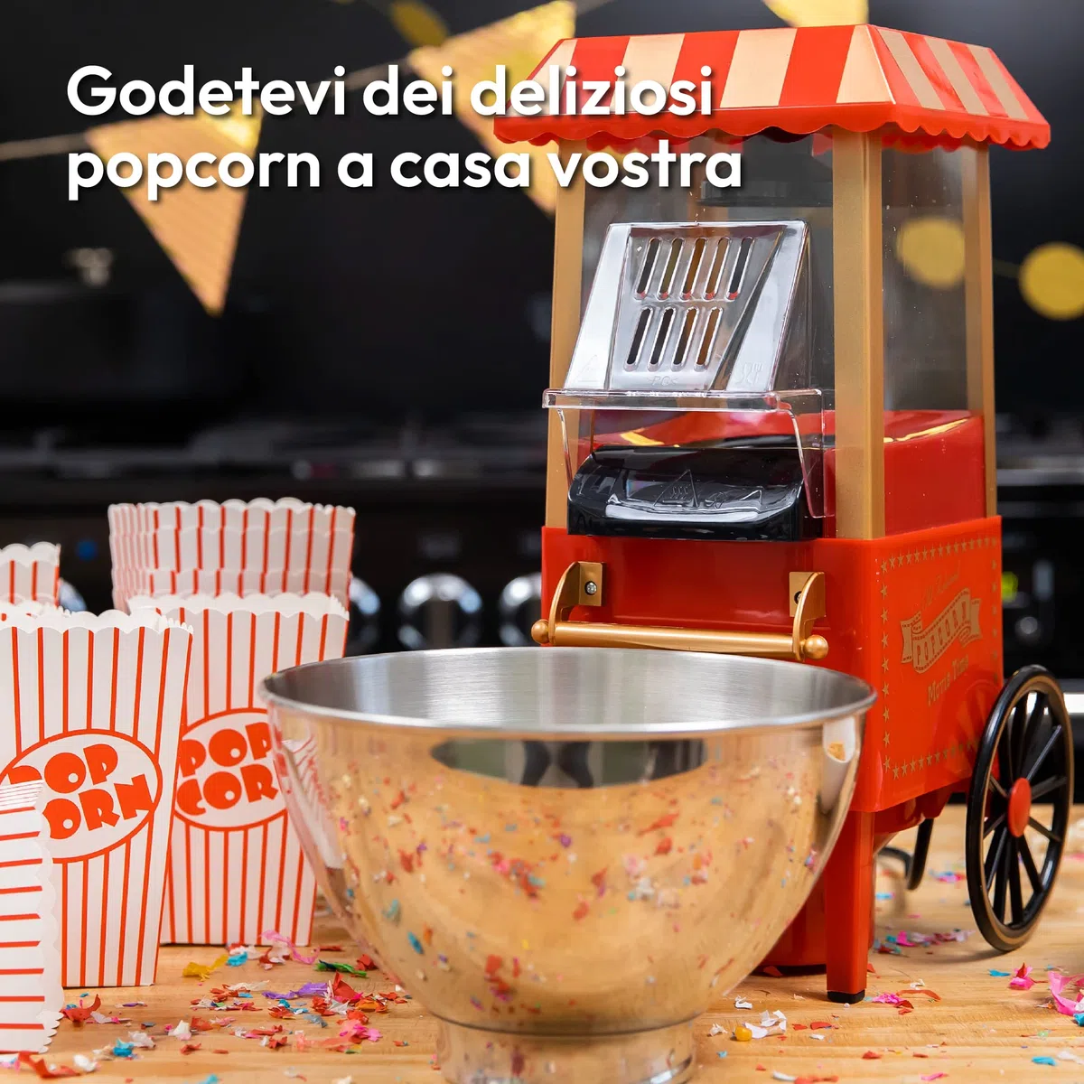 Gadgy Macchina Popcorn | Macchina per Pop Corn ad Aria Calda l Preparazione Salutare, Senza Olio o Grassi l Macchina Pop Corn con Misurino e Coperchio Superiore Rimovibile l Rivestimento Rosso Retrò