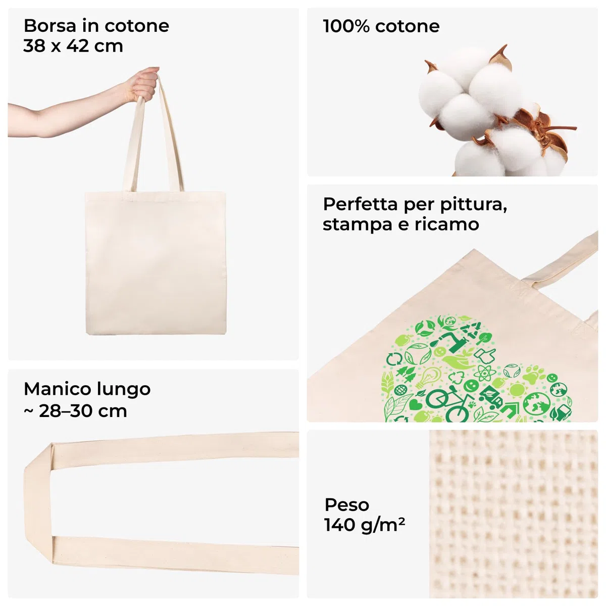 Borsa in tessuto 38 x 42 cm – Tote Bag – Sacchetto di stoffa da dipingere senza stampa 1, 5, 10, 25, 50 pezzi – Borsa in cotone con due manici lunghi – Borsa per il trasporto
