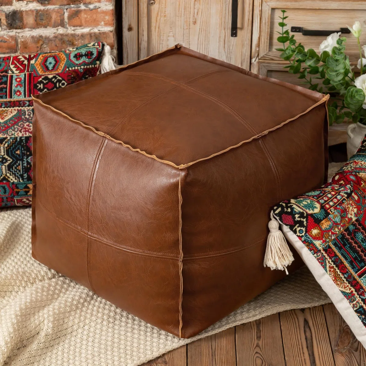 Pouf Quadrato in Ecopelle Marrone 45cm - Puff Contenitore Morbido e Resistente, Poggiapiedi Multifunzionale per Salotto, Camera da Letto, Sgabello, Capacità Fino a 100kg
