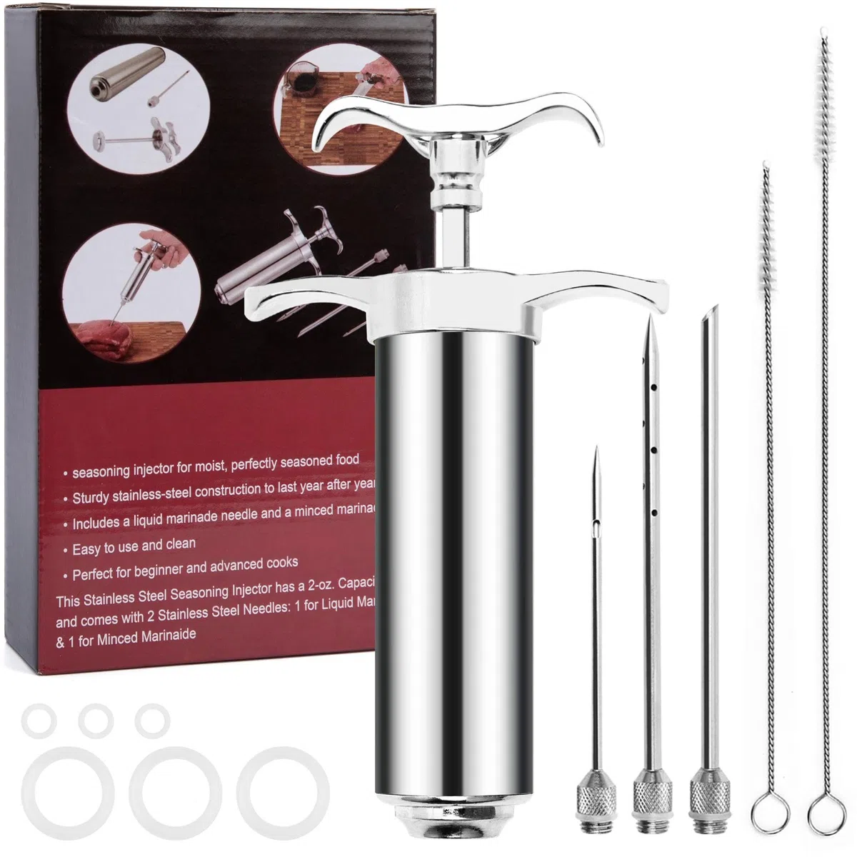 Kit siringa iniettore di carne in acciaio inox con 3 aghi per marinata, siringa da cucina in acciaio inox per la cottura del tacchino