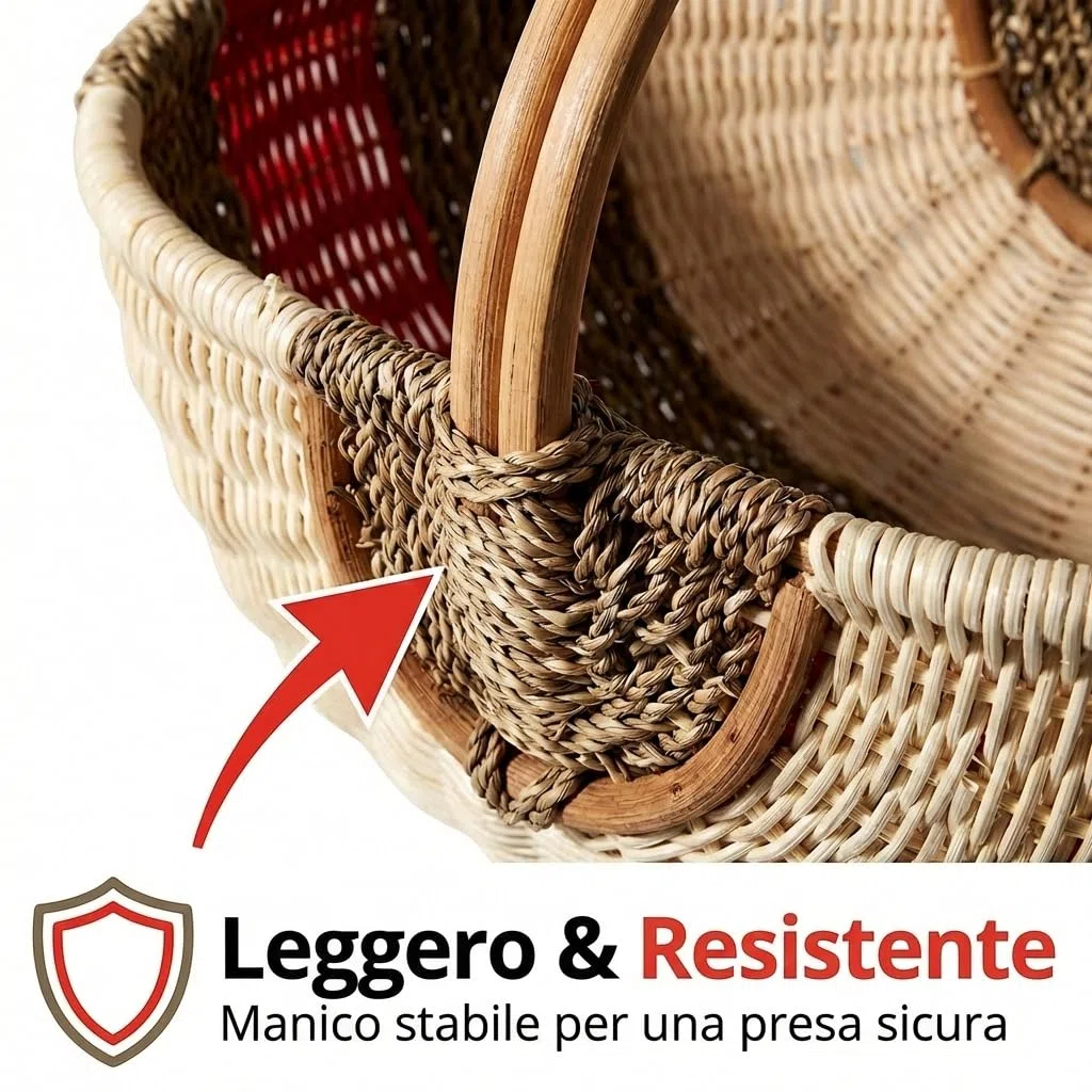 Grande Cesto per la Spesa in Rattan e Alghe – Cesto da Picnic Intrecciato a Mano con Manico – 48x33x24 cm – Robusto Cesto da Mercato e Auto – Design Vintage – Rosso