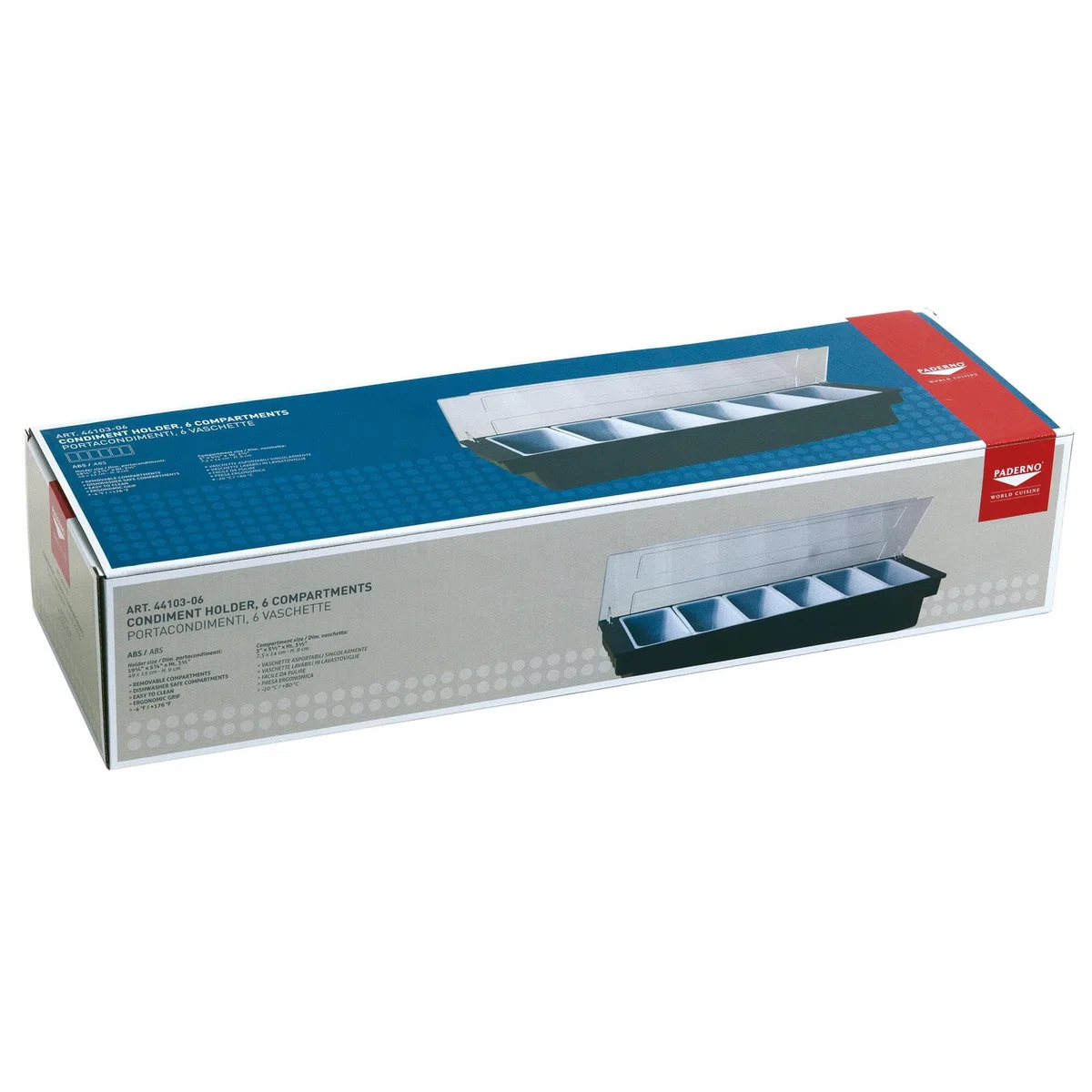 Paderno 44103-06 Contenitore 6 Scomparti, Portacondimenti 6 Vaschette ideale per Insalata e Condimenti, Lavabile in lavastoviglie, Dimensioni: 49x15 cm, ABS