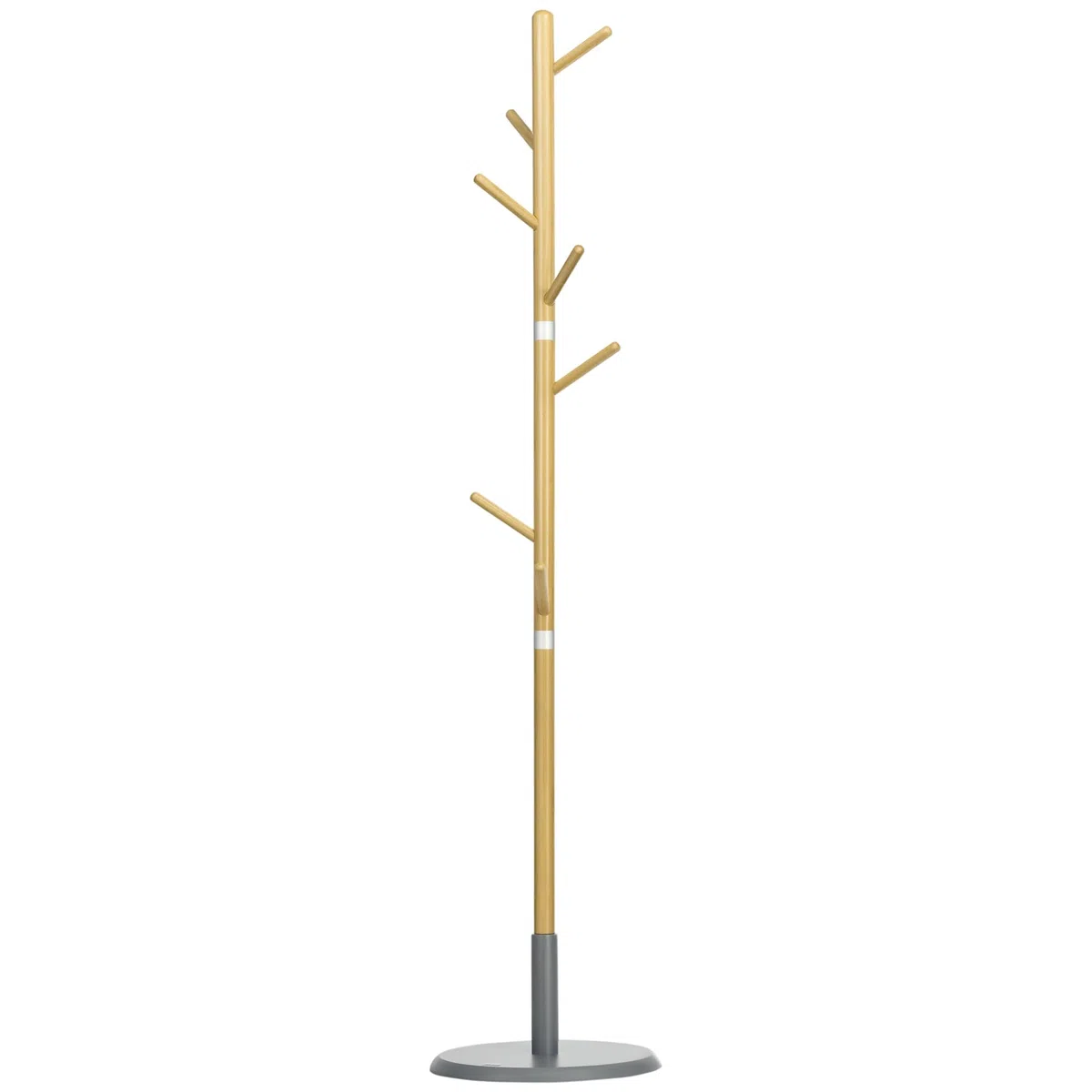 HOMCOM Albero Appendiabiti a 8 Ganci con Base Rotonda, Appendiabiti da Terra in Bambù, Legno e Metallo, Ø37.8x175.6 cm, Color Legno e Grigio