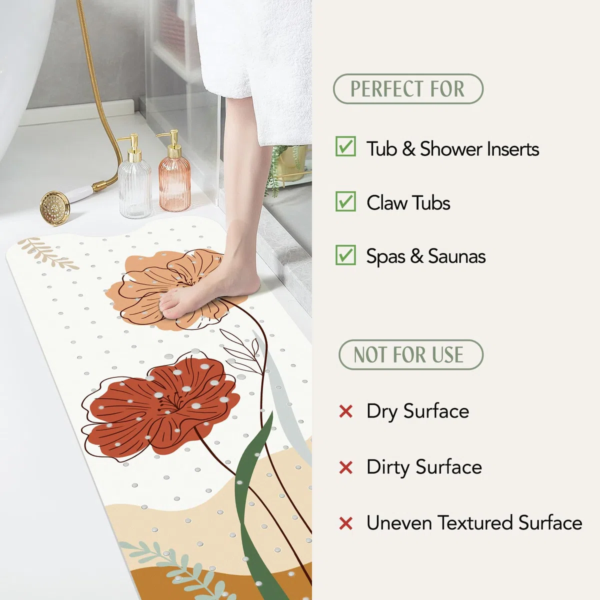 SHUCHING Boho Tappetino Antiscivolo Vasca da Bagno 100x40cm, Tappeto Doccia Antiscivolo Senza BPA, Tappetino Bagno Resistente alla Muffa e Lavabile in Lavatrice