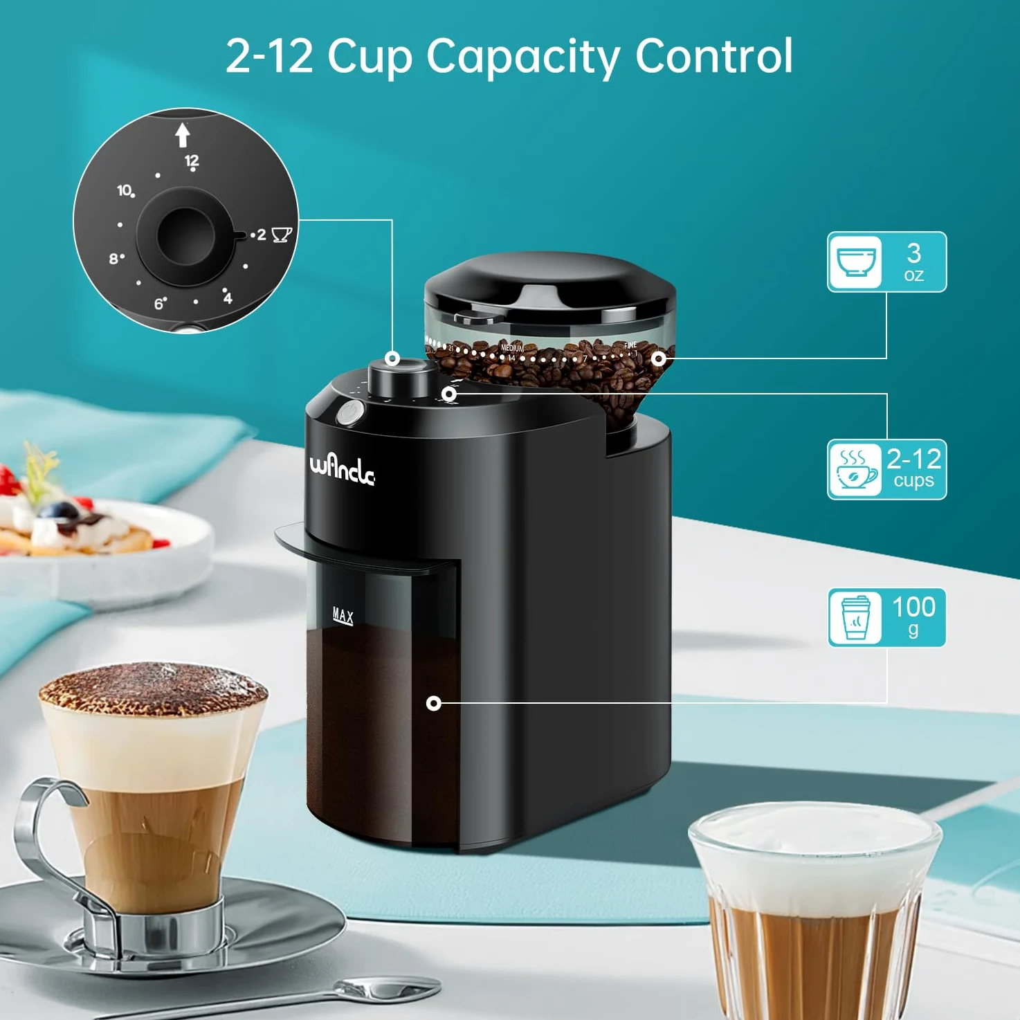 Macinacaffè, Macinacaffè Elettrico Wancle, Macinino Regolabile per Chicchi di Caffè, con 28 Impostazioni di Macinatura Precise per 12 Tazze, 220V