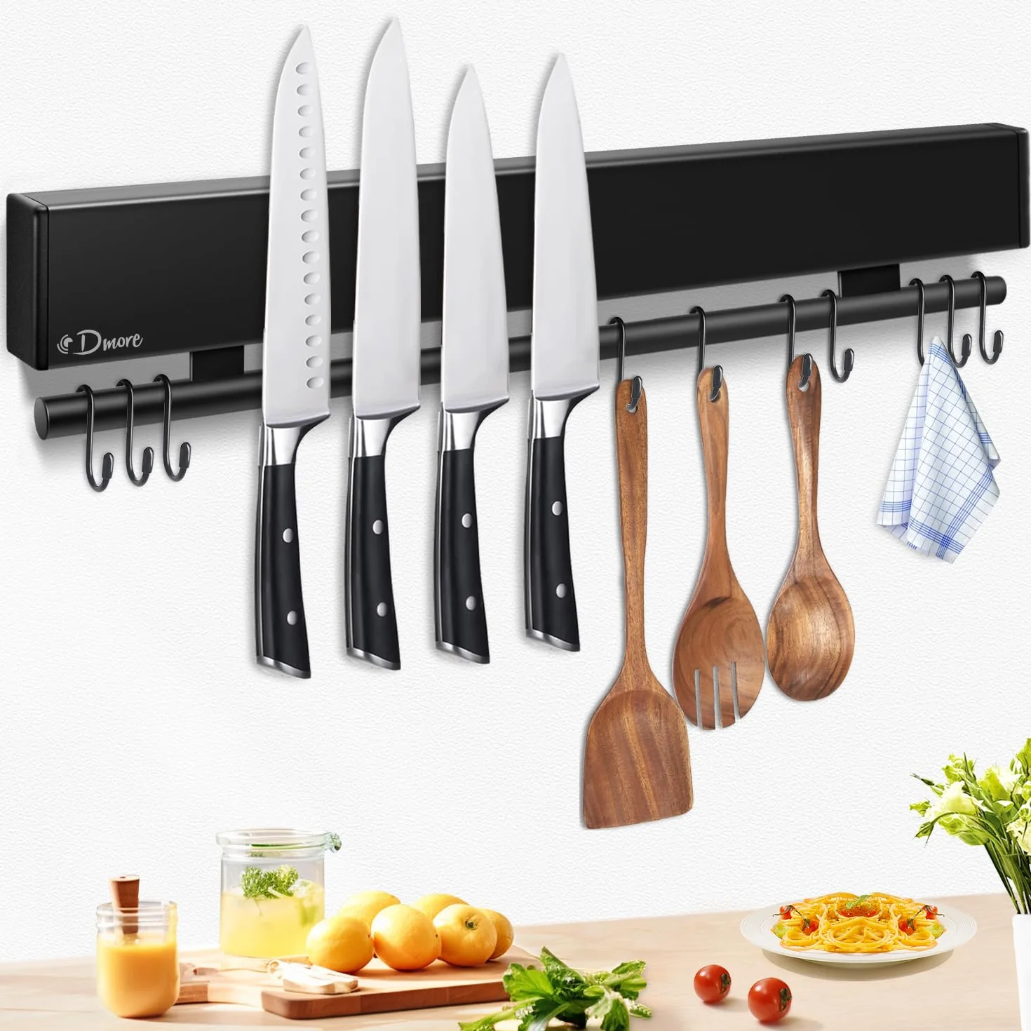 Dmore Portacoltelli magnetico da parete da 43 cm, con 10 ganci, senza foratura, striscia magnetica nera per coltelli e utensili, potente supporto magnetico per coltelli e utensili con nastro adesivo e