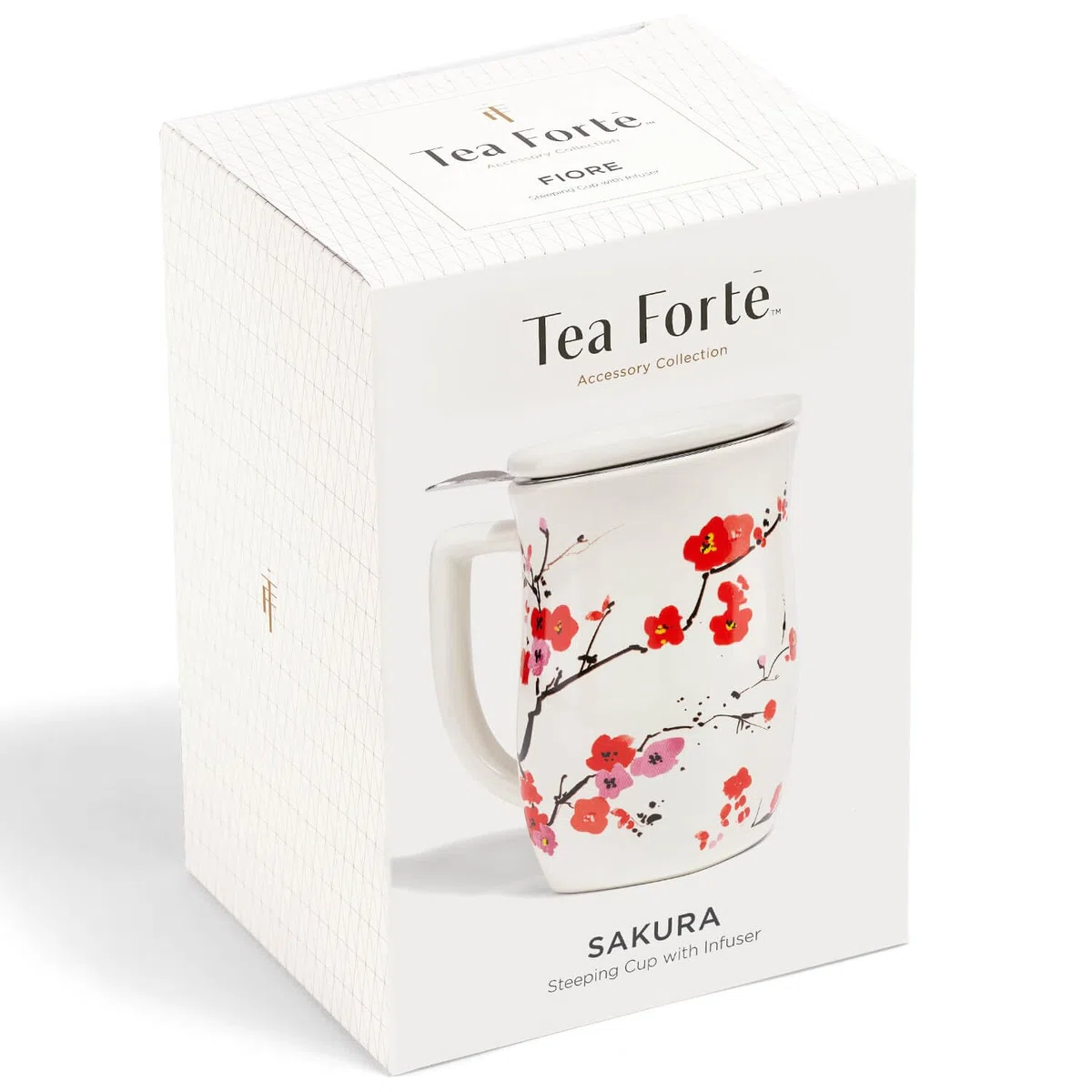 Tea Forte Fiore Tazza da tè in ceramica con infusore e coperchio, Sakura, 400 ml, tazza in ceramica con manico, per macerare tè sfuso, lavabile in lavastoviglie e adatta al microonde