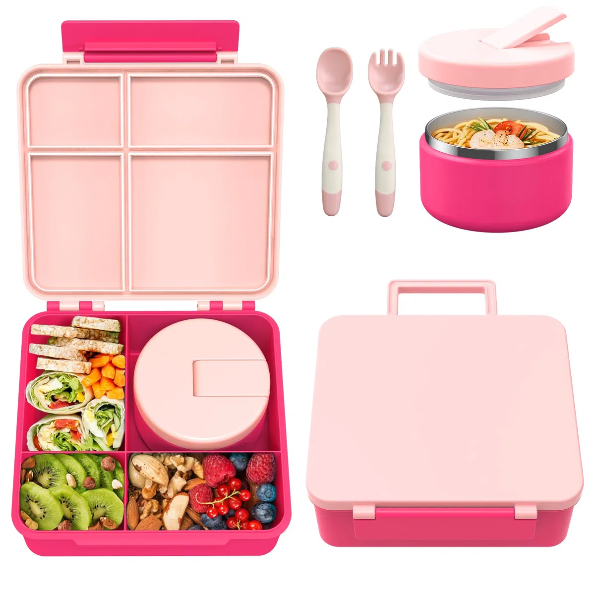 Itslife Set pranzo per bambini con contenitore termico da 300 ml, a prova di perdite, contenitore per il pranzo per bambini con 4 scomparti, borsa termica senza BPA, per bambini, scuola, gite (rosa)