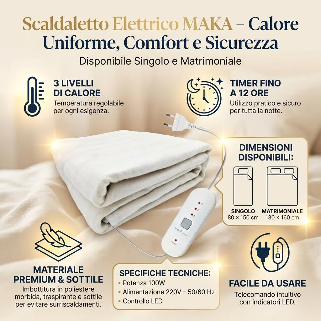 MAKA Scaldaletto Elettrico Singolo e Matrimoniale Termocoperta in Poliestere Traspirante con Telecomando a 3 Livelli di Calore Timer fino a 12 Ore 100W per un Sonno Caldo (Singolo 150x80 cm)