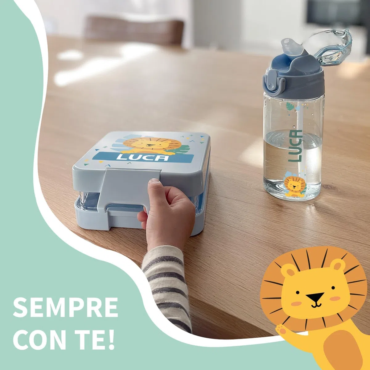 Stellasticker - Set con borraccia personalizzabile per bambini e porta pranzo/merenda personalizzato per bambini in plastica - Borraccia con cannuccia capacità 450 ml - Senza BPA (Azzurro)