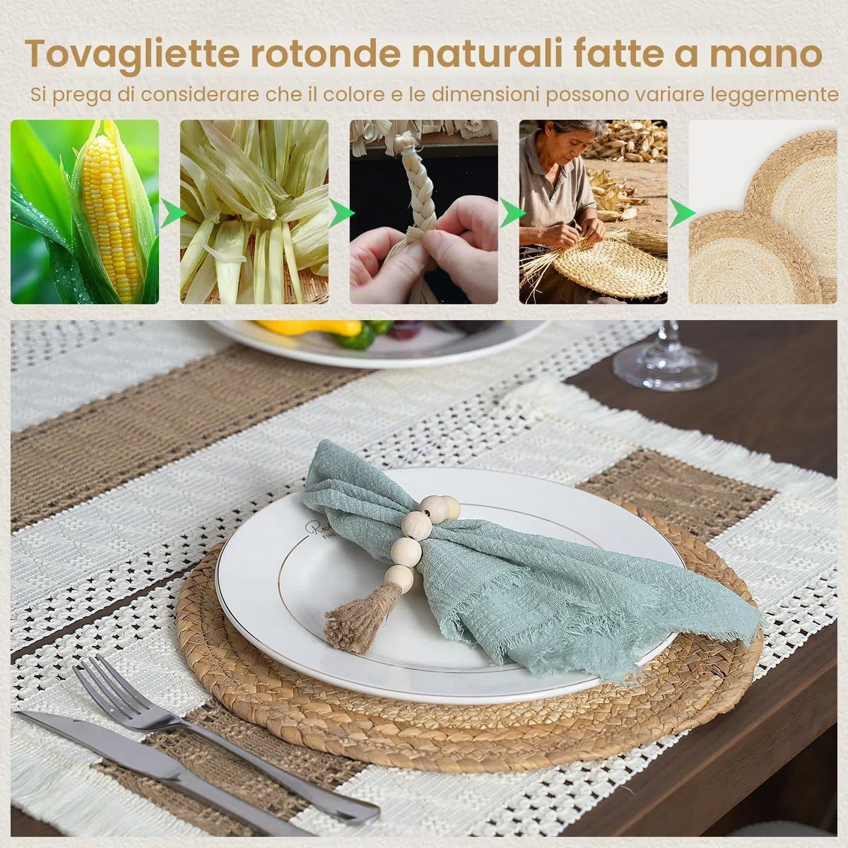 Set di 6 tovagliette fatte a mano in stile bohémien, in iuta di cotone naturale e paglia d'acqua, decorazioni in macramè e tovagliette in stile rustico, per tavolo da pranzo e cucina