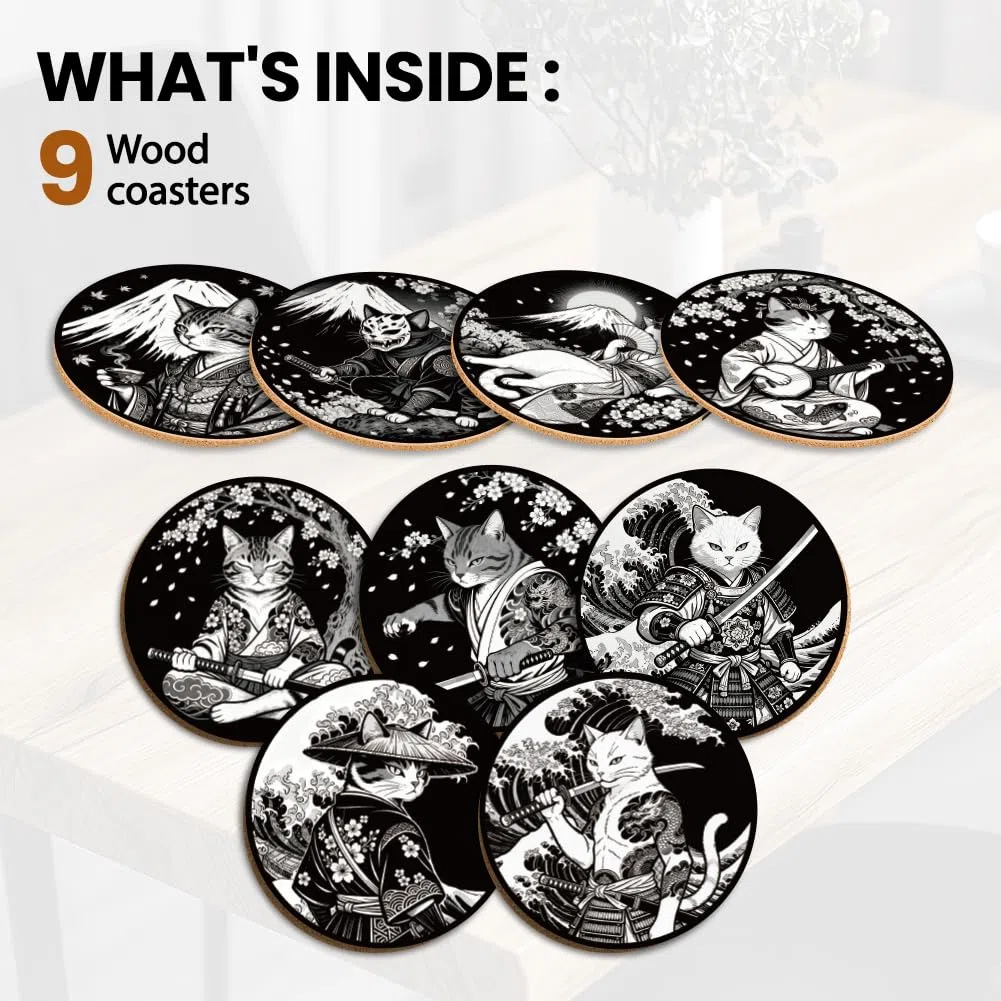 ANATTASOUL 9 Pezzi di Pattern Gatto in Stile Giapponese Sottobicchieri Legno, Sottobicchieri per Bevande,Coaster per Tavolino del Caffè, Decorazione per Cucina e Sala da Pranzo
