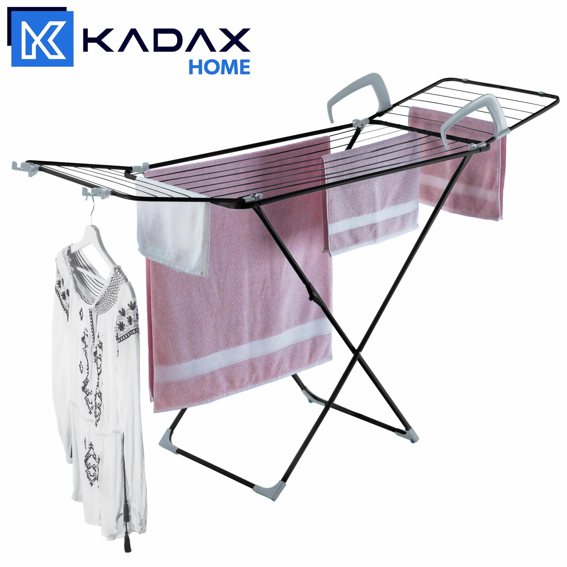 KADAX Stendibiancheria pieghevole 3in1, 18 m superficie di asciugatura, stendino con ruote, piedini antiscivolo, salvaspazio, per termosifone & vasca, interno & esterno – Nero