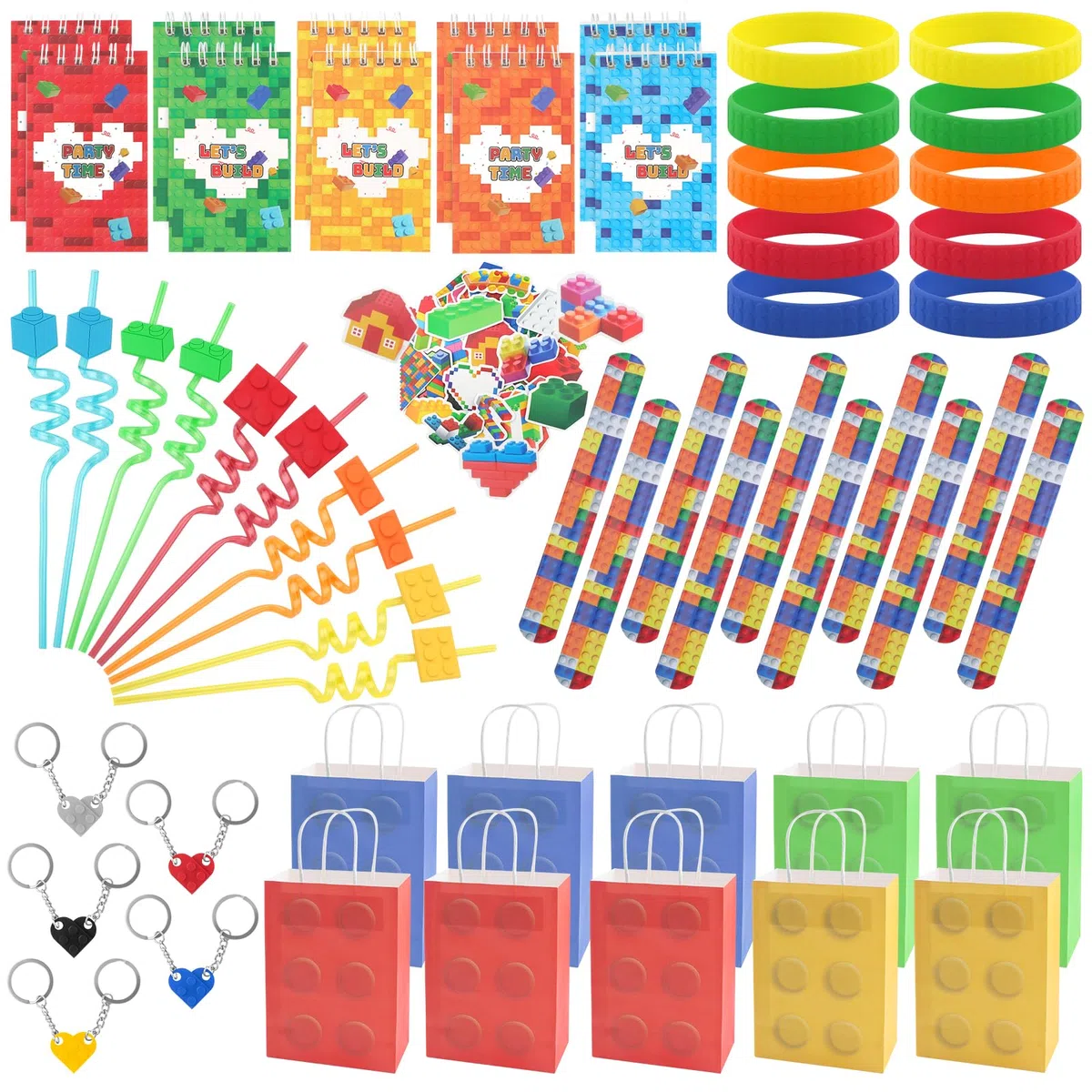 110 Pezzi Set Regalo Mattoncini Compleanno con Quaderni, Braccialetti Slap, Sacchetti di Regalo con Motivo a Mattoncini, Portachiavi, Cannucce, Regalo, Braccialetti per Bambineini e Bambine