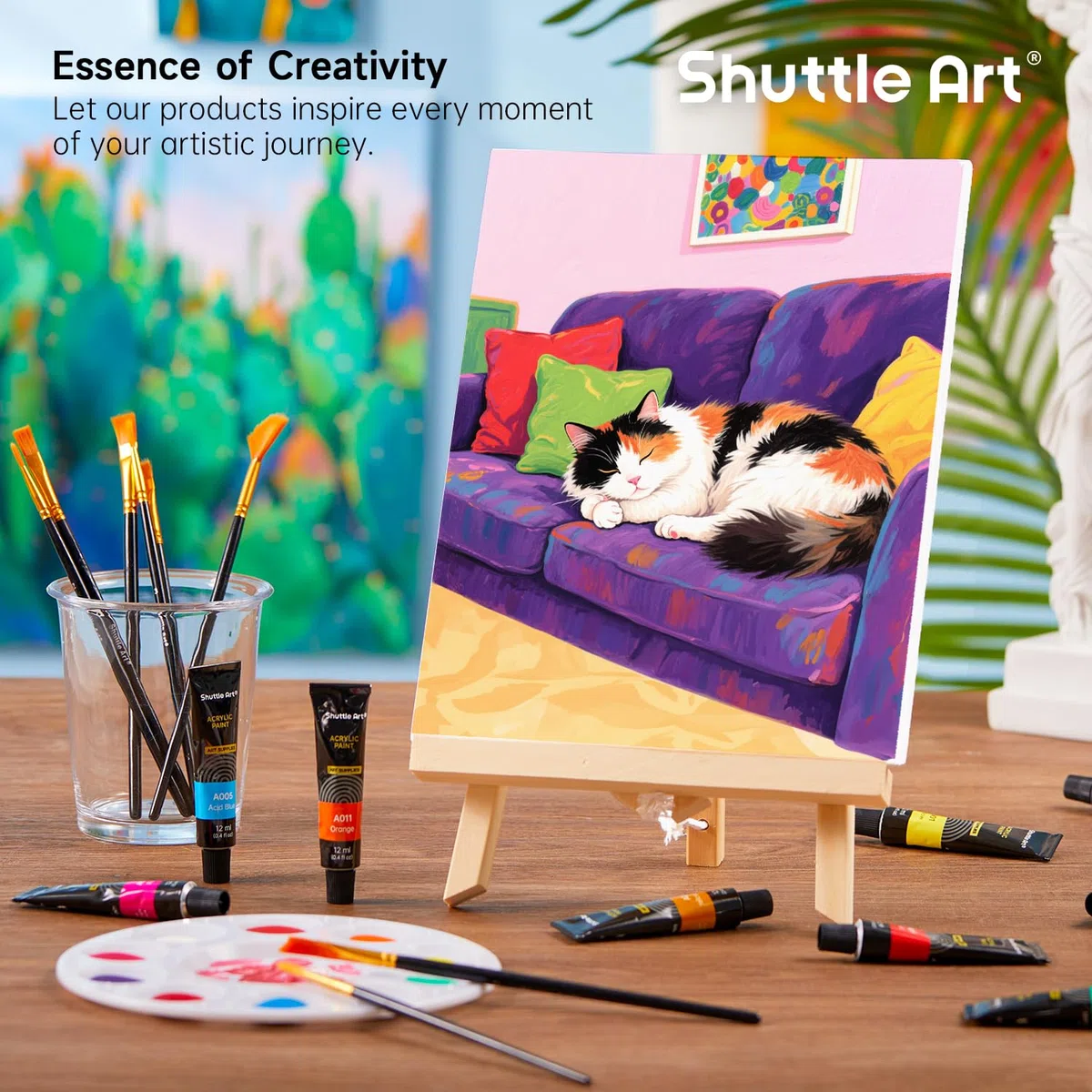 Shuttle Art Set di 58 Pezzi Colori Acrilici, Set per Pittura con 2 Confezioni da 15 Colori Acrilici, 2 Set di Cavalletti in Legno, Tela, Pennelli e Tavolozze, Set di Tela e Pittura per Adulti, Bambini