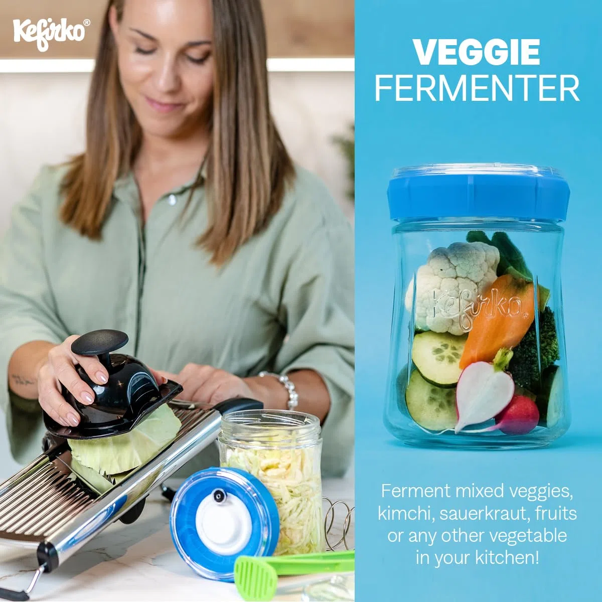 Kefirko Fermentatore per verdure, 900 ml, per fermentare frutta, verdura, kimchi, crauti e altro ancora, materiali privi di BPA, verde