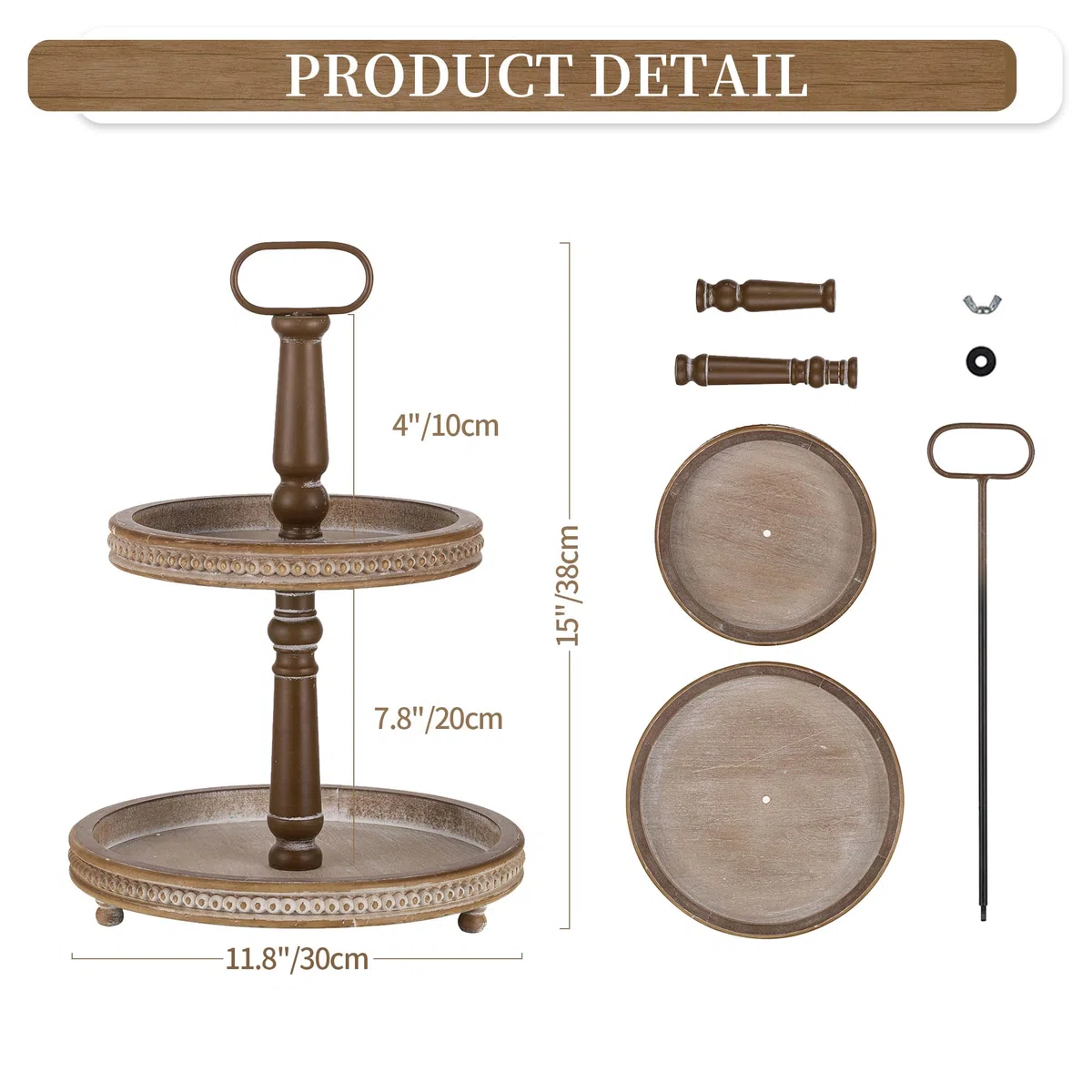 Hanobe Vassoio decorativo a più livelli in legno a 2 ripiani, due vassoi decorativi rotondi con perline per bagno, cucina, tavolino da caffè, centrotavola, bancone, Halloween, Natale, San Valentino