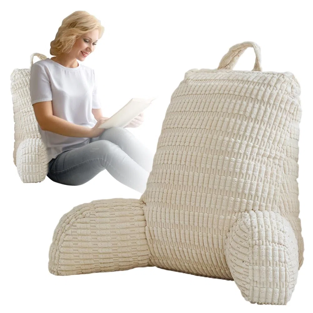 Cuscino da lettura, con braccioli, morbido per la schiena, per una maggiore presa e comfort di schiena, testa e collo, per riposo a letto, lettura, televisione (beige)
