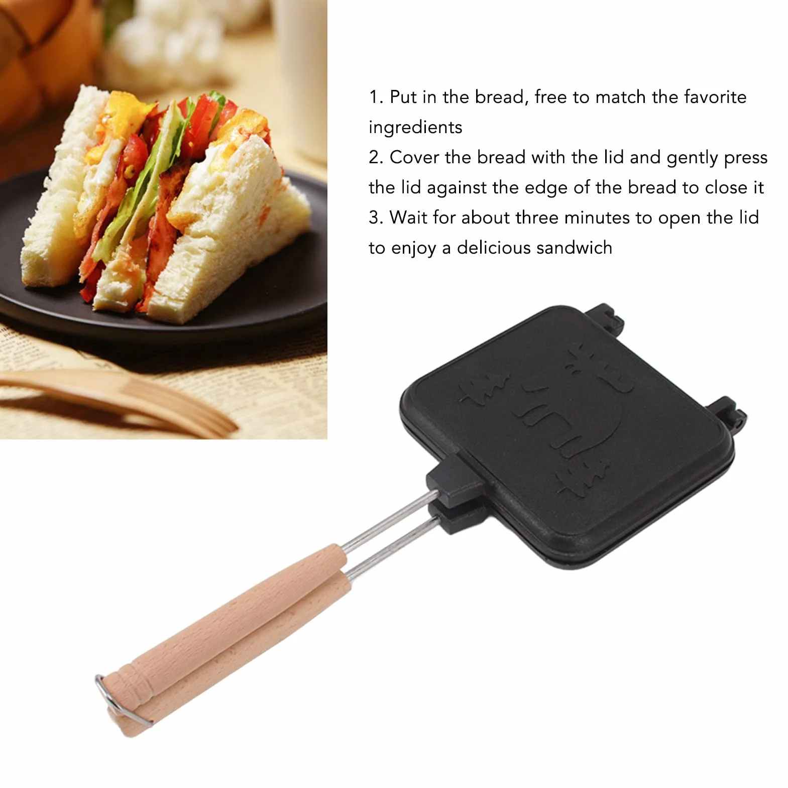 Wisecoco Piastra Grill Doppia Antiaderente, 14x14cm, Padella a Doppia Faccia, Creatore di Panini da Campeggio, Macchina per Waffle a Doppia Faccia, Tostapane per Panini